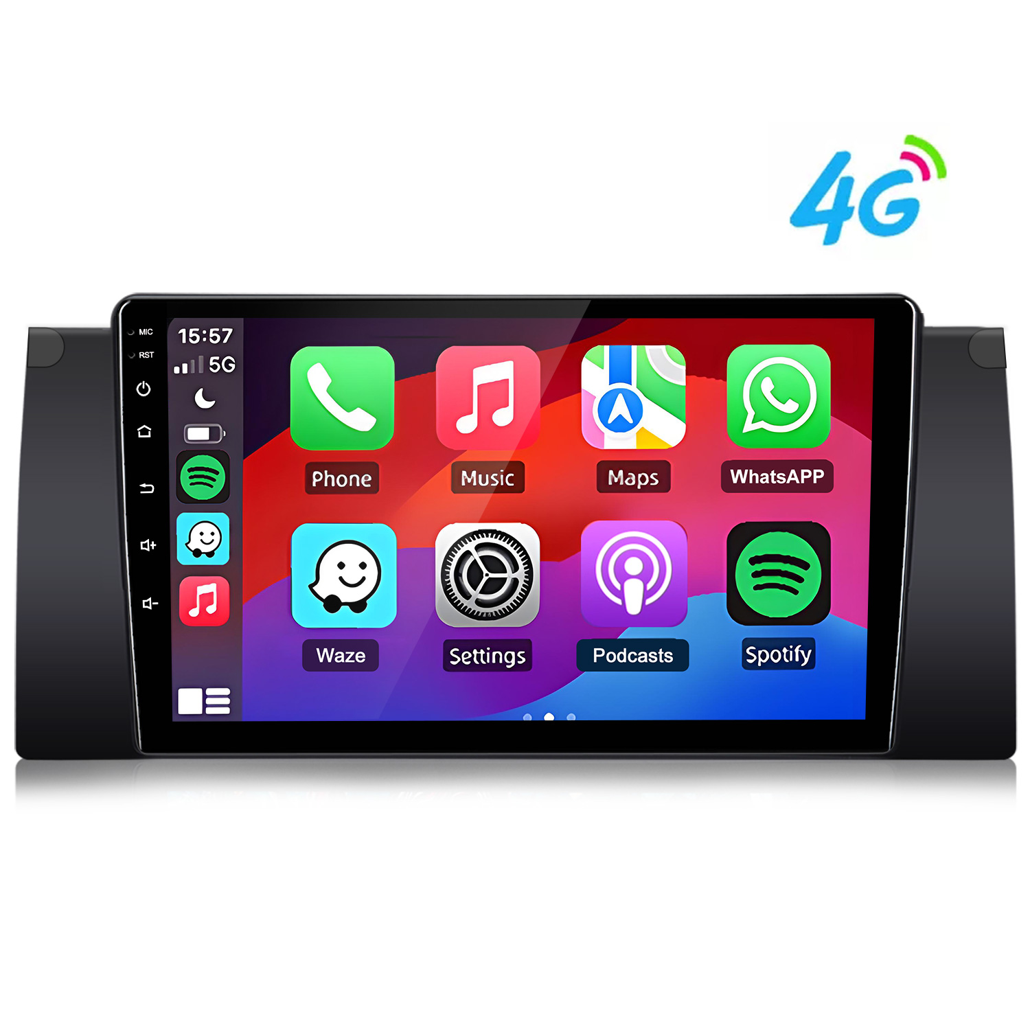 Ein Infotainment-Bildschirm im Auto zeigt App-Symbole wie Telefon, Musik, Karten, WhatsApp, Waze, Einstellungen, Podcasts, Spotify.