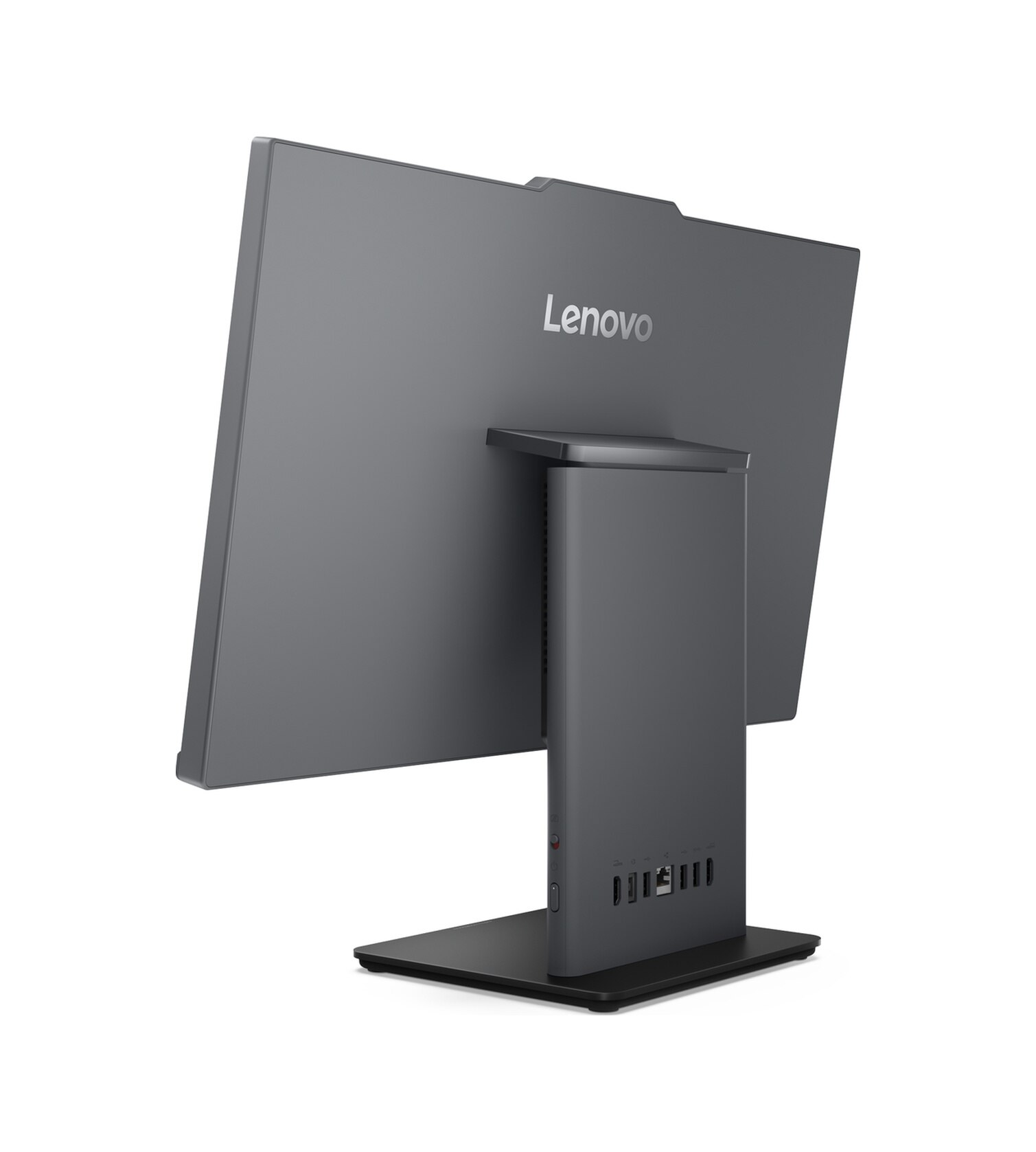 Gri Lenovo Hepsi Bir Arada bilgisayarın arkadan görünümü, bağlantı noktaları.