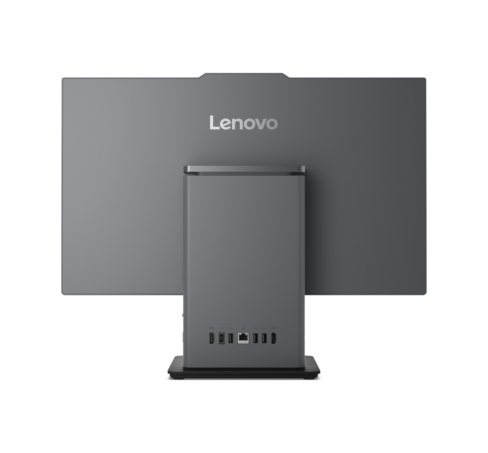 Gri Lenovo hepsi bir arada bilgisayarın arkası, bağlantı noktaları.