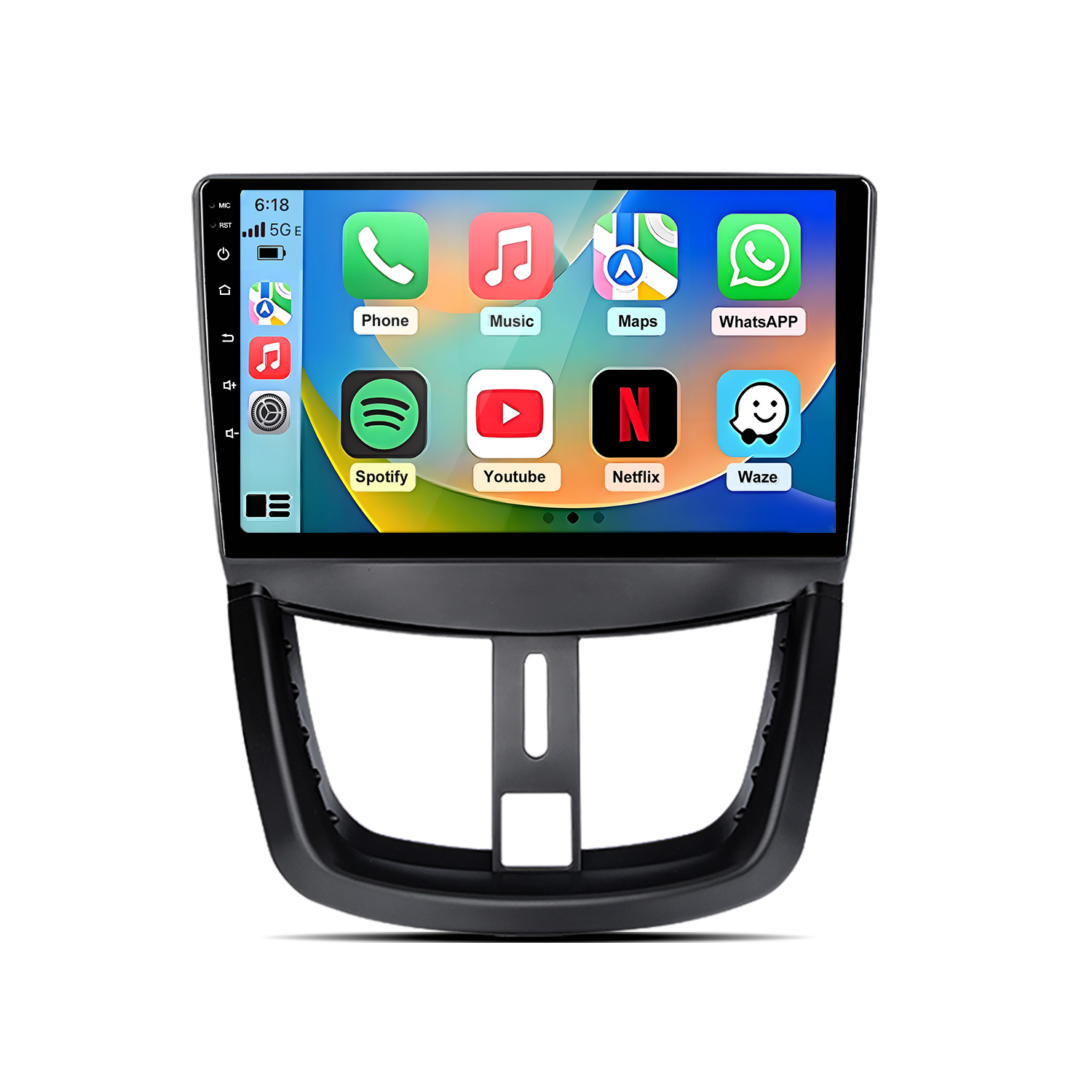 Schermo infotainment auto mostra app: Telefono, Musica, Mappe, WhatsApp, Spotify, YouTube, Netflix, Waze.