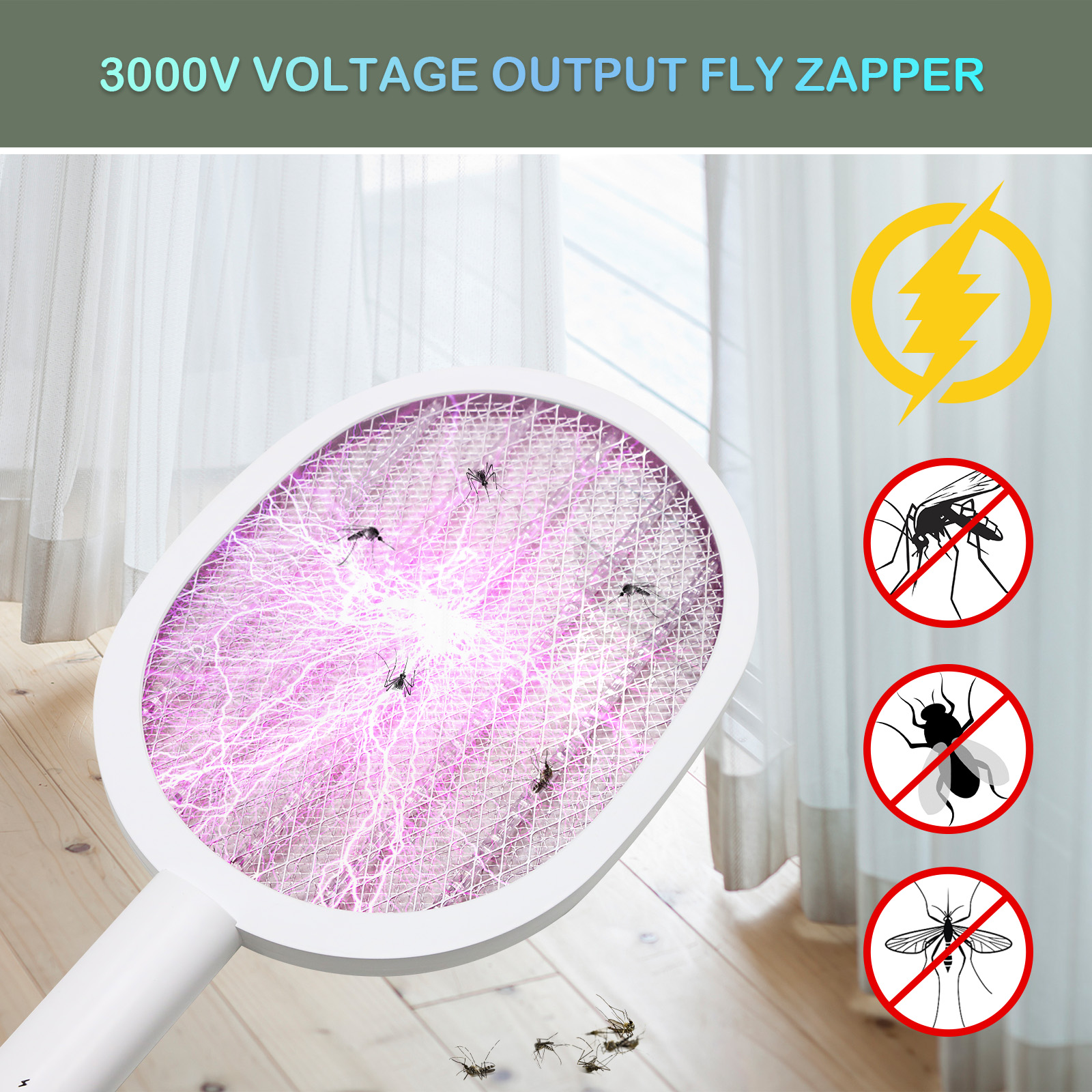 Elektrische Fliegenklatsche mit lila Stromschlag und toten Fliegen auf dem Boden.