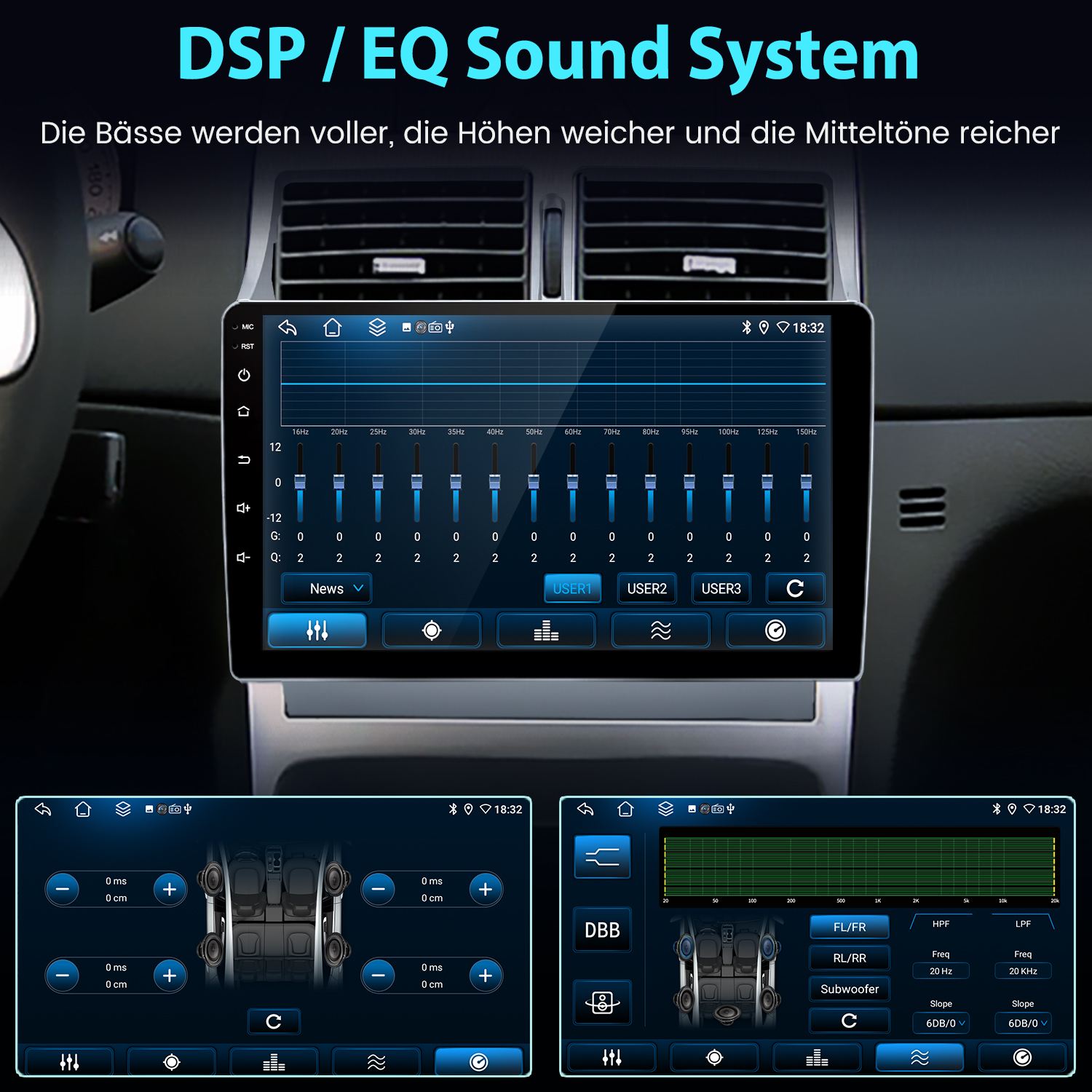 DSP/EQ-Soundsystem-App mit Equalizer- und Lautsprechereinstellungen.