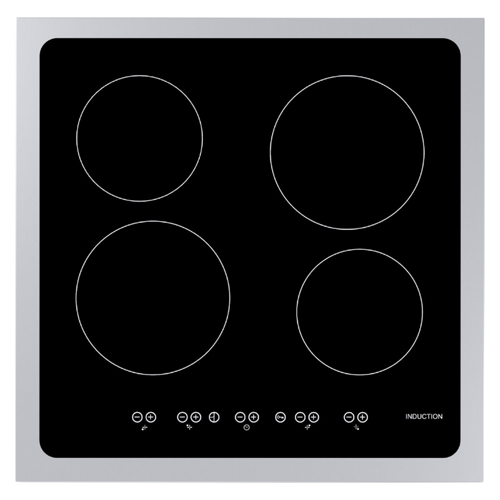 Black induction cooktop with four cooking zones and touch controls.