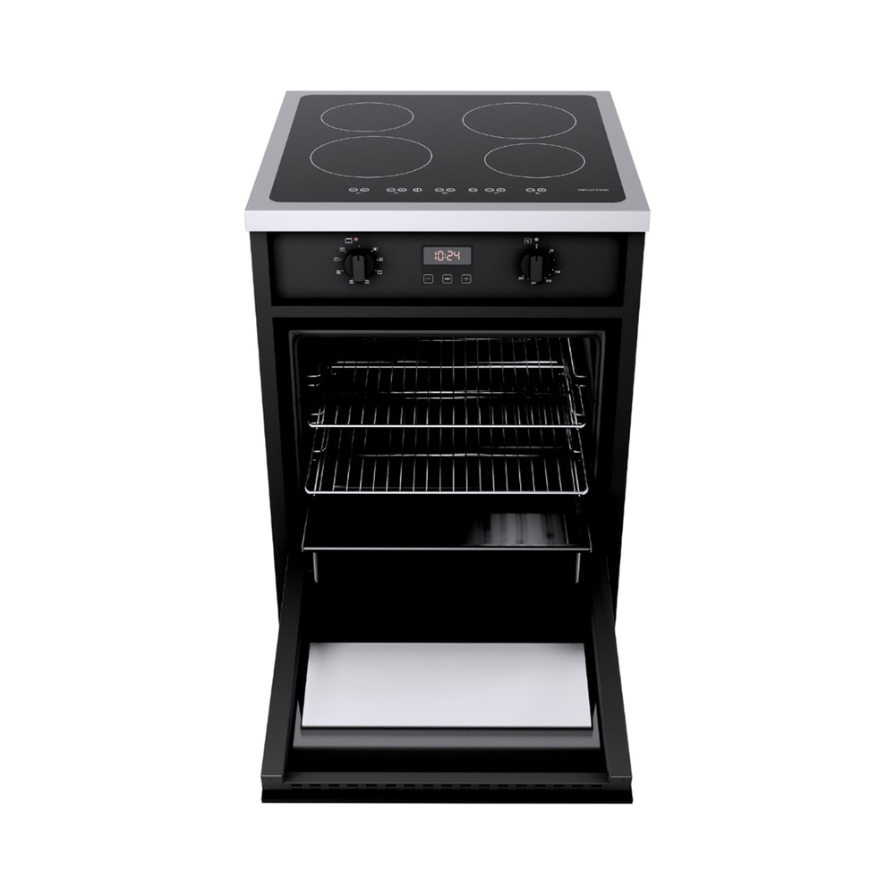 A black oven with an induction hob and an open oven door.