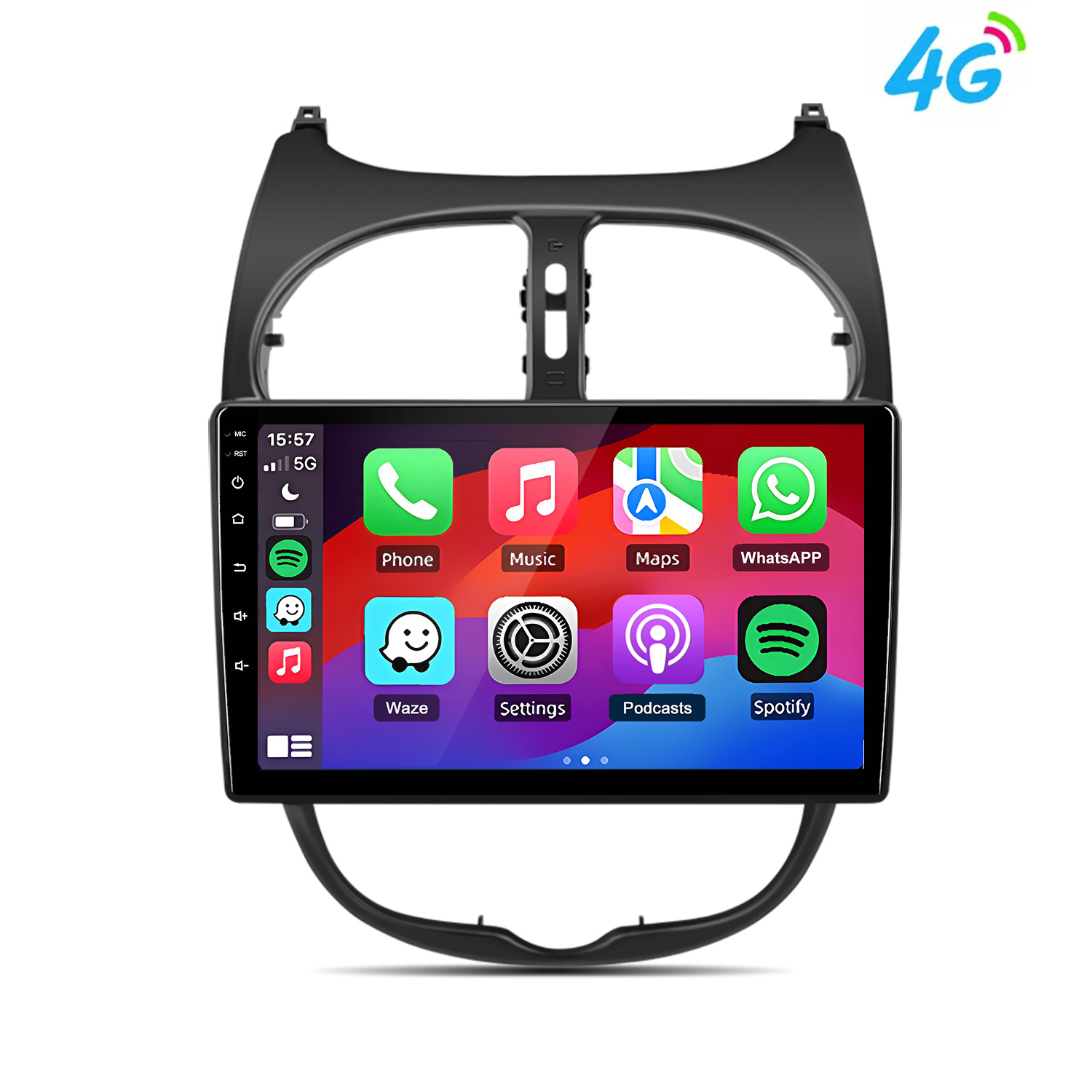 Ein schwarzes Autoradio-Display zeigt App-Symbole wie Telefon, Musik, Karten, WhatsApp, Waze, Einstellungen, Podcasts, Spotify. 4G-Logo.
