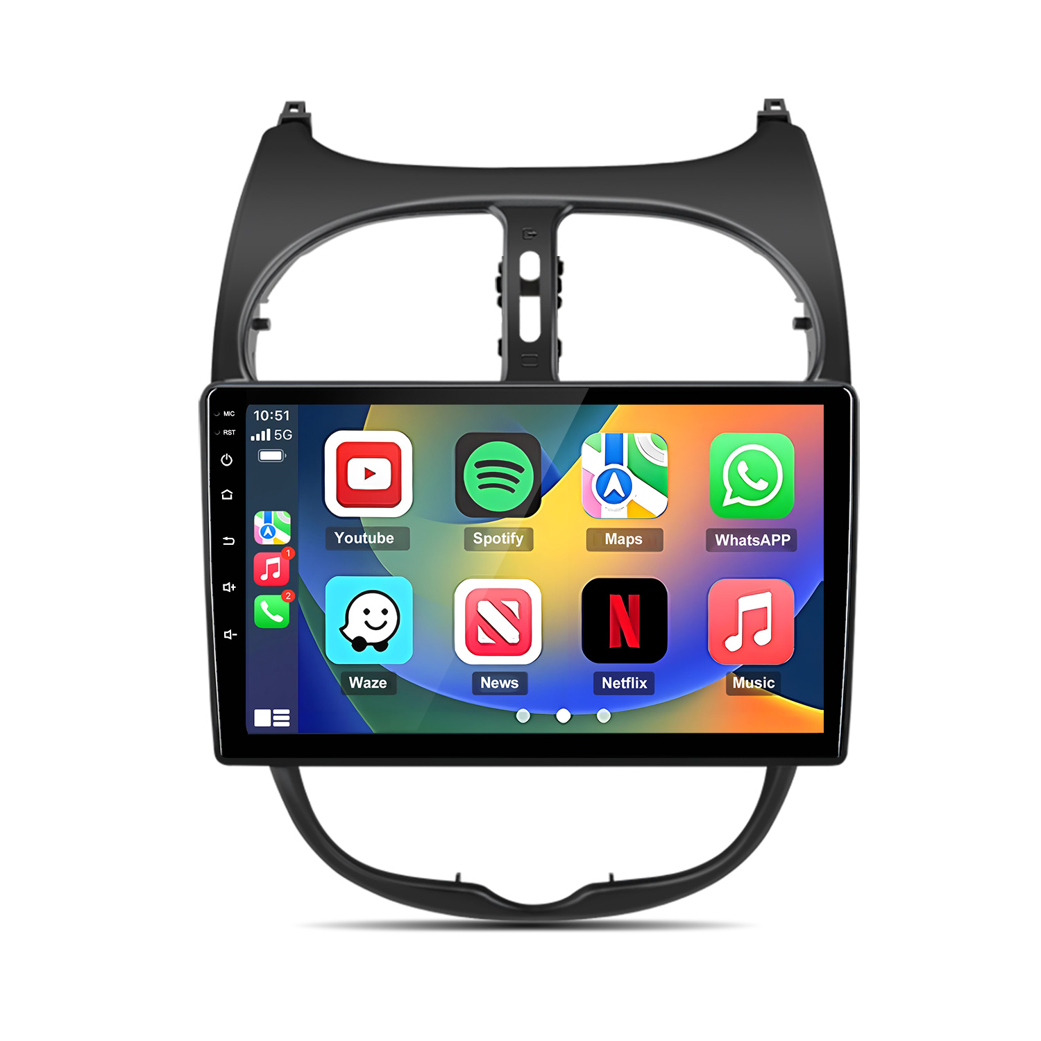 Ein schwarzer Auto-Infotainment-Bildschirm mit App-Symbolen wie YouTube, Spotify, Maps.