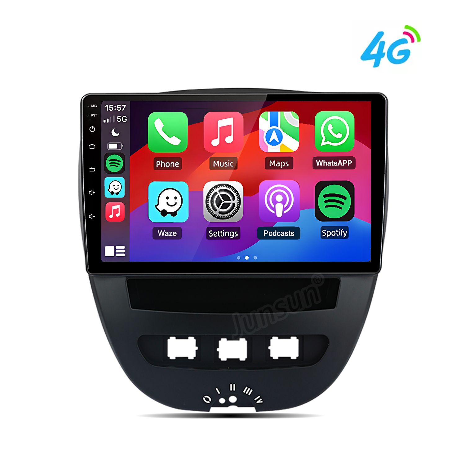 Uno schermo di infotainment per auto visualizza le icone delle app Telefono, Musica, Mappe e WhatsApp.