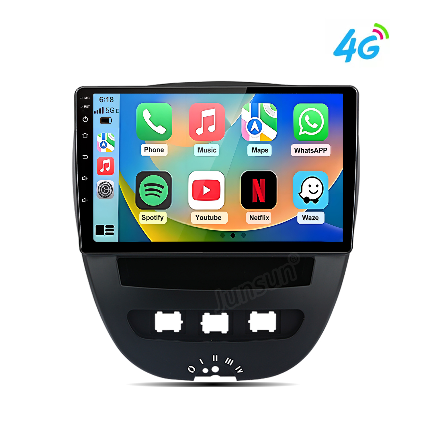 Un touchscreen per autoradio mostra icone di app come Telefono, Musica e WhatsApp.