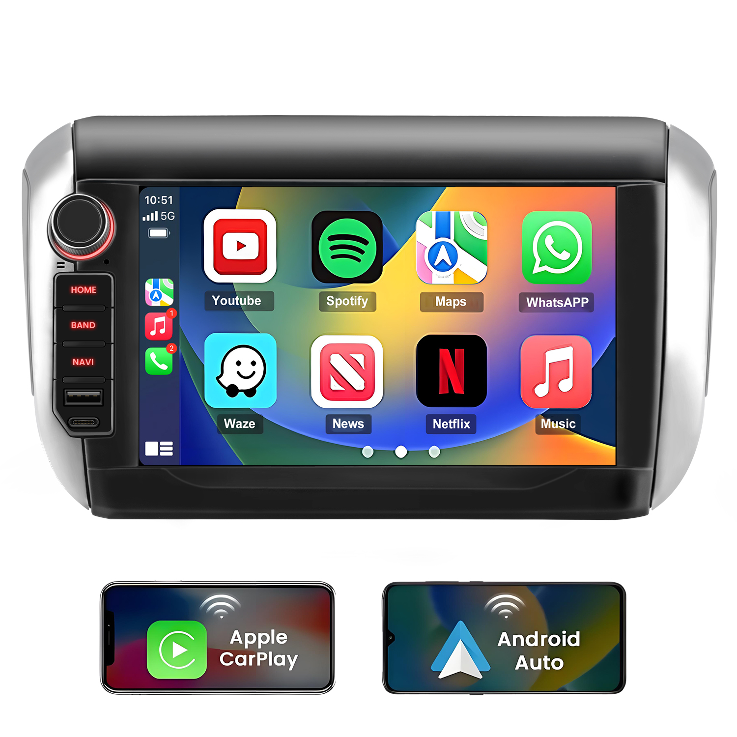 Ein Autoradio zeigt App-Icons wie YouTube, Spotify, Maps, WhatsApp, Waze, News, Netflix und Musik.