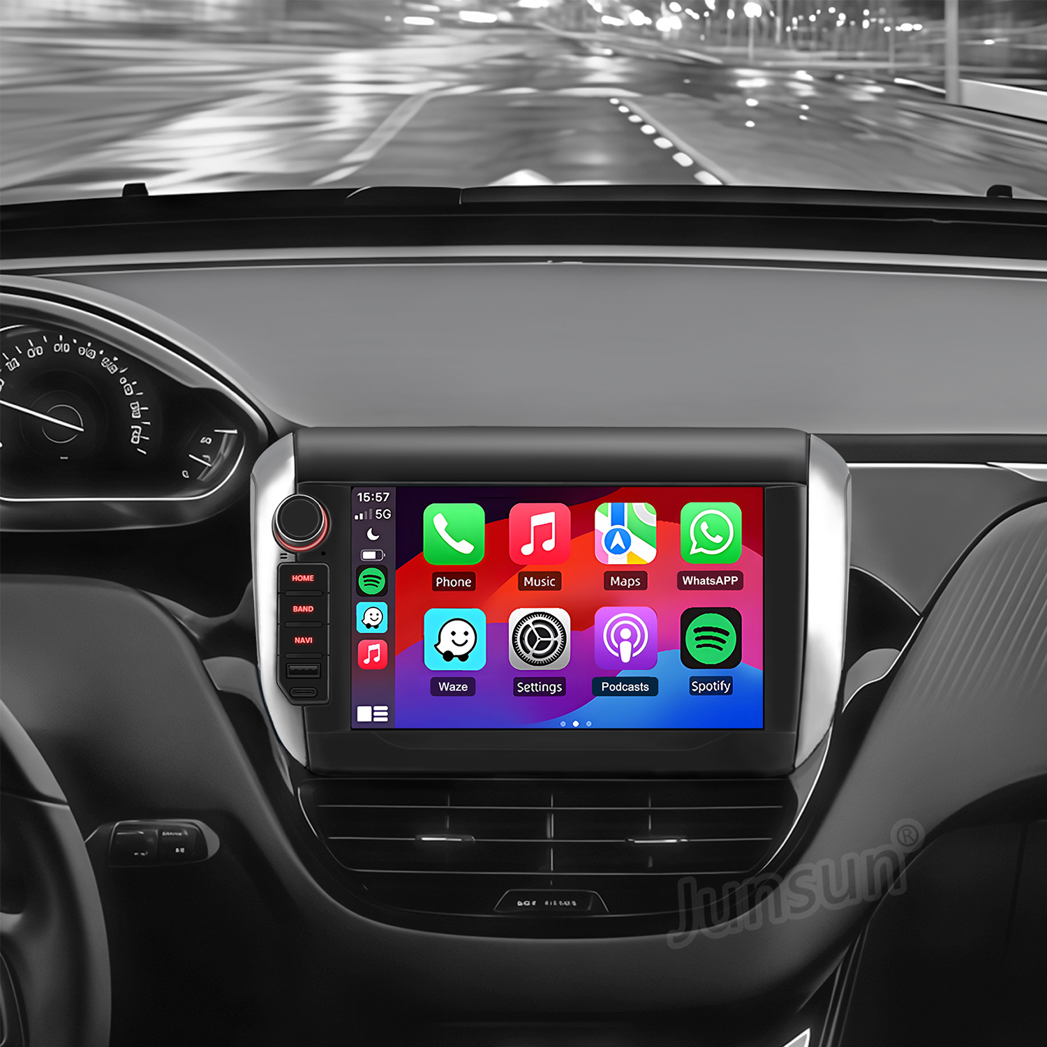 Wnętrze samochodu z ekranem infotainment wyświetlającym aplikacje takie jak Telefon, Muzyka i Mapy.