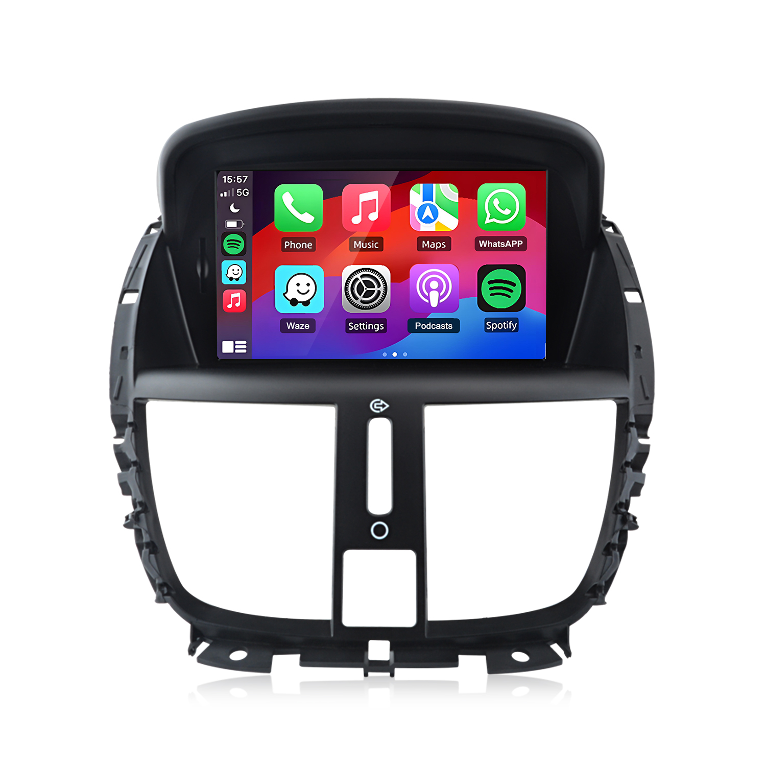 Un autoradio con touchscreen che mostra app come Telefono, Musica e Mappe.