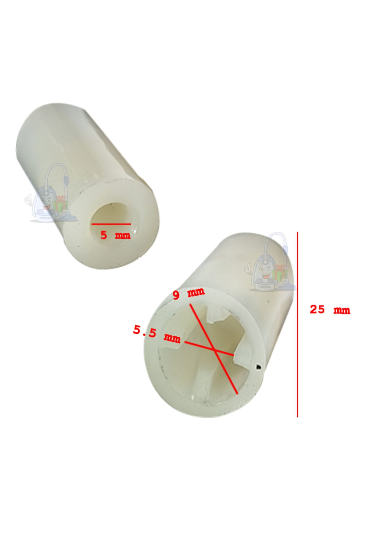 5 mm, 5,5 mm, 9 mm ve 25 mm ölçülerinde iki beyaz silindirik parça.