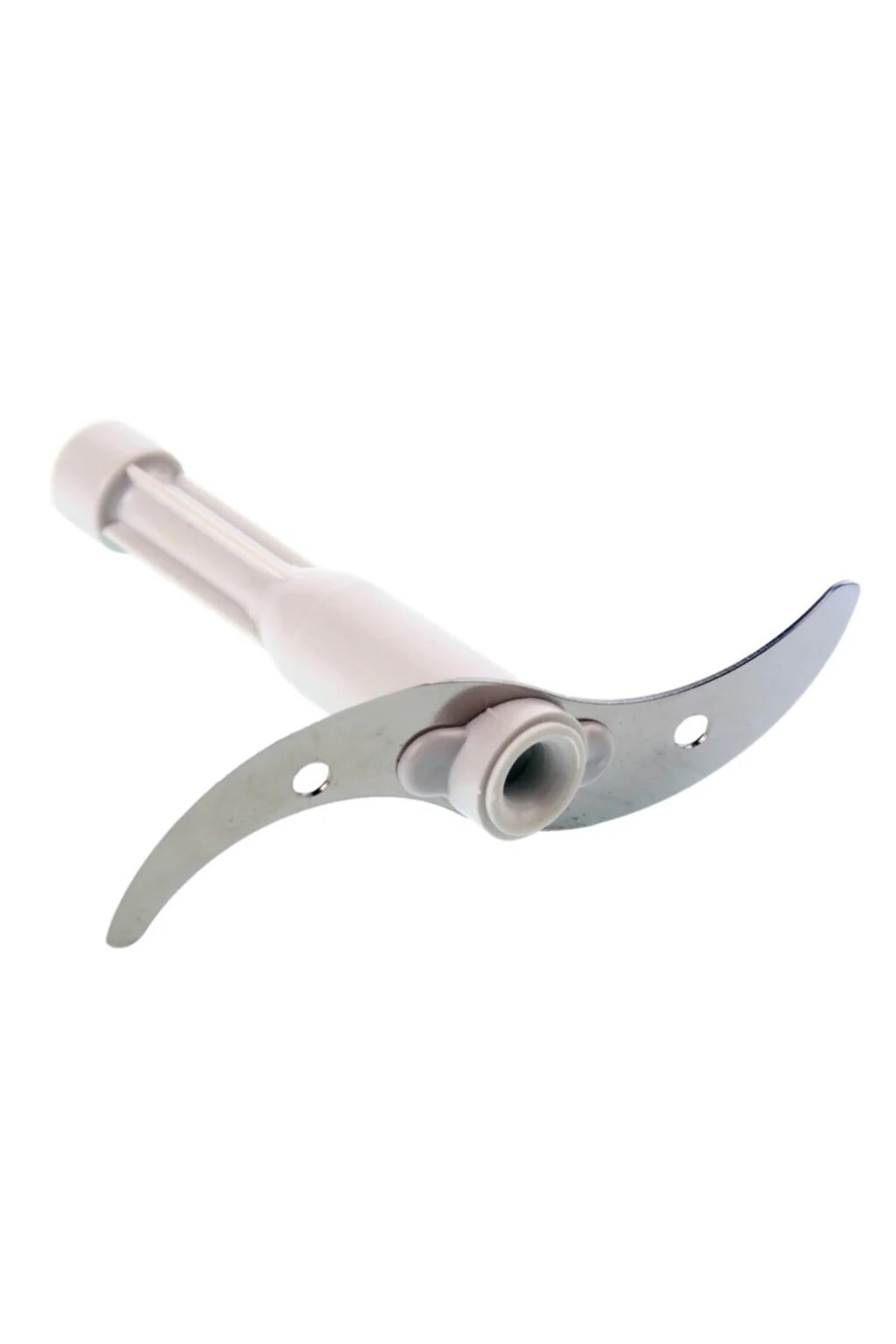 Beyaz bir sap tarafından çalıştırılan, iki eğimli metal bıçağa sahip beyaz blender aparatı.