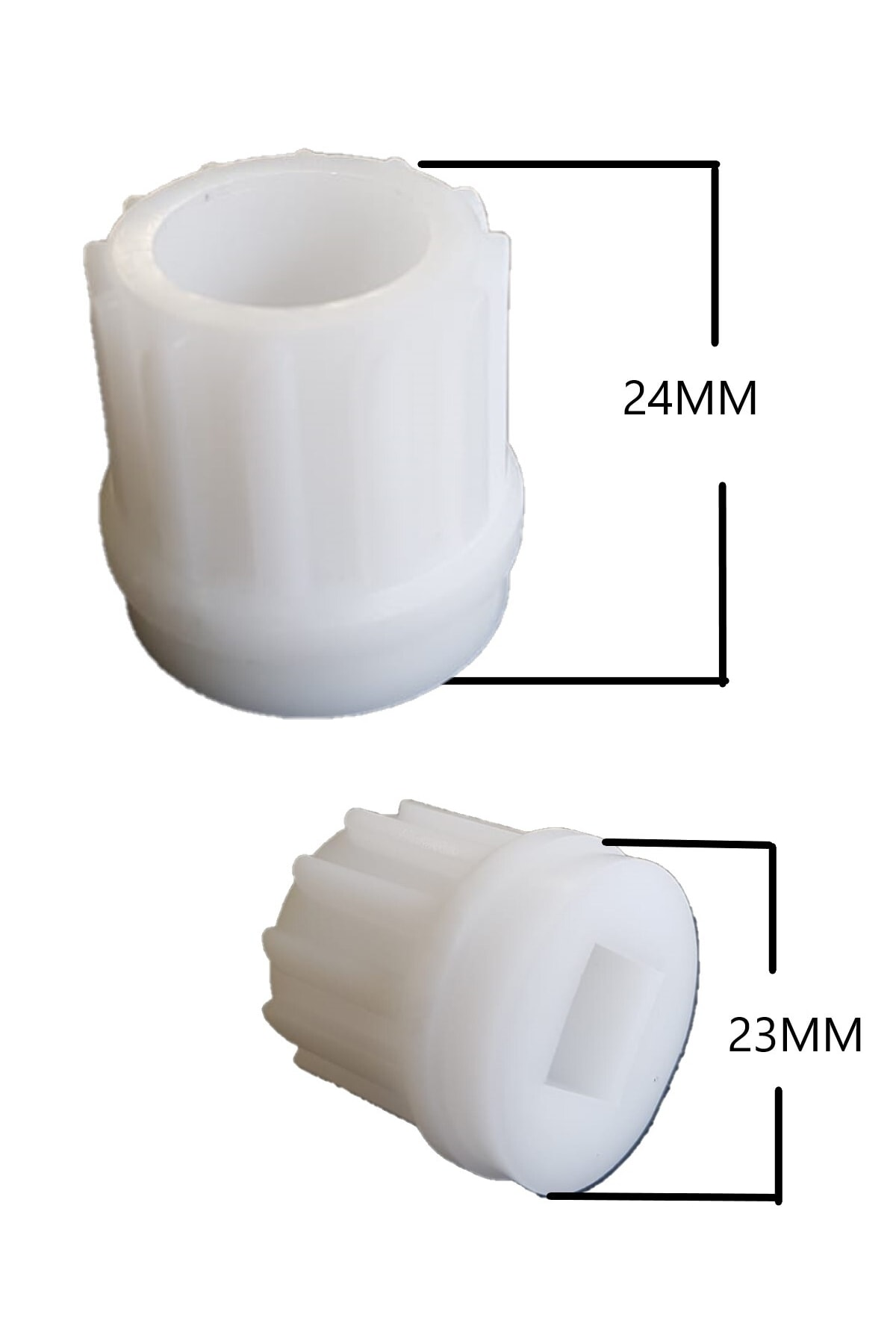 24 mm ve 23 mm boyutlarında iki beyaz plastik parça.