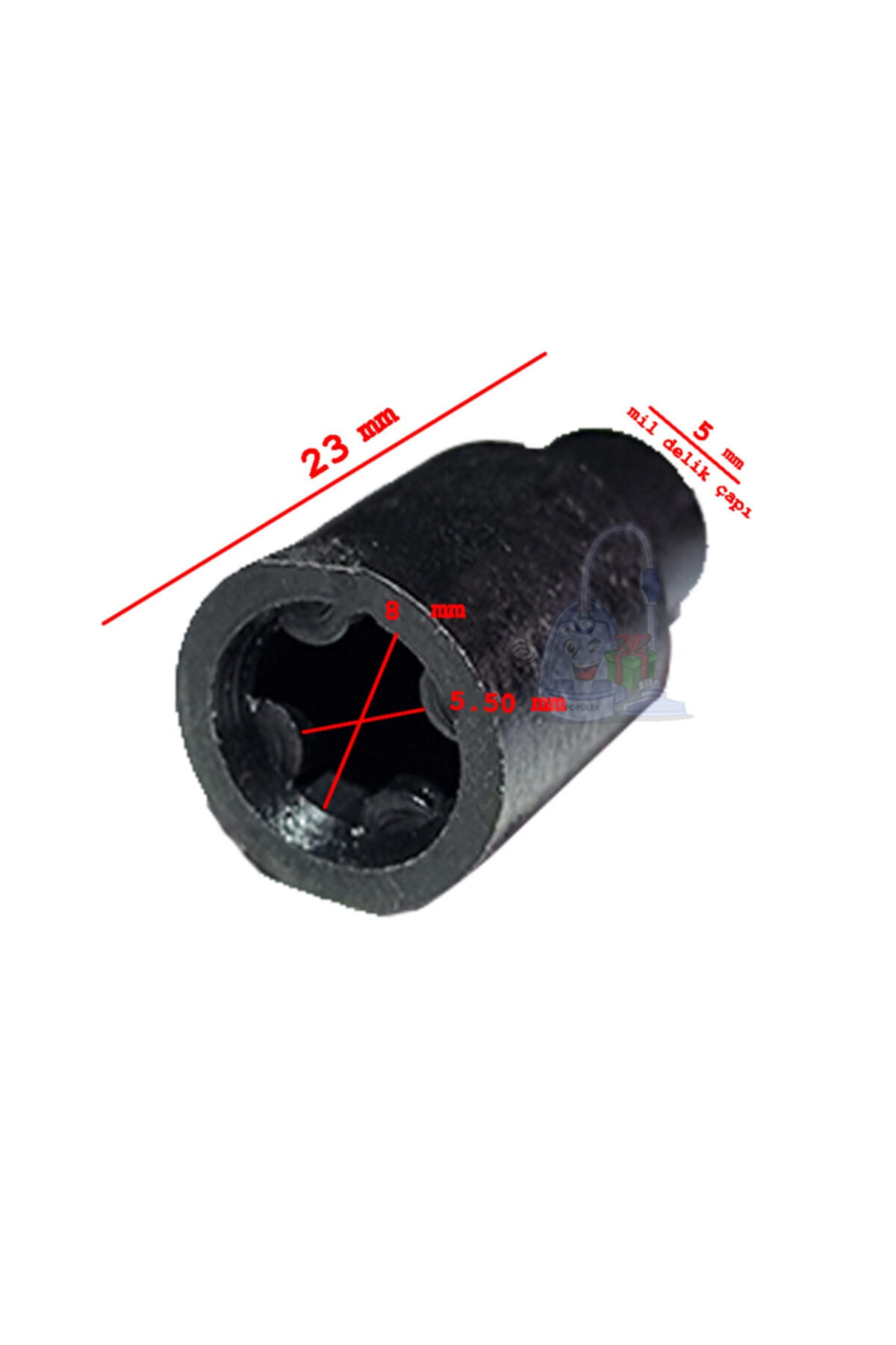 23mm uzunlukta ve 5mm delik çapında siyah plastik parça.