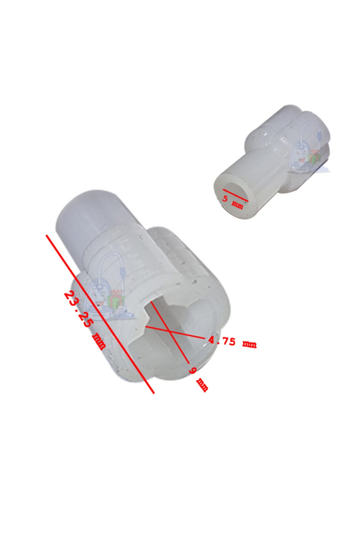 Boyutları olan iki beyaz plastik parça: 23,25 mm, 4,75 mm, 9 mm ve 5 mm.