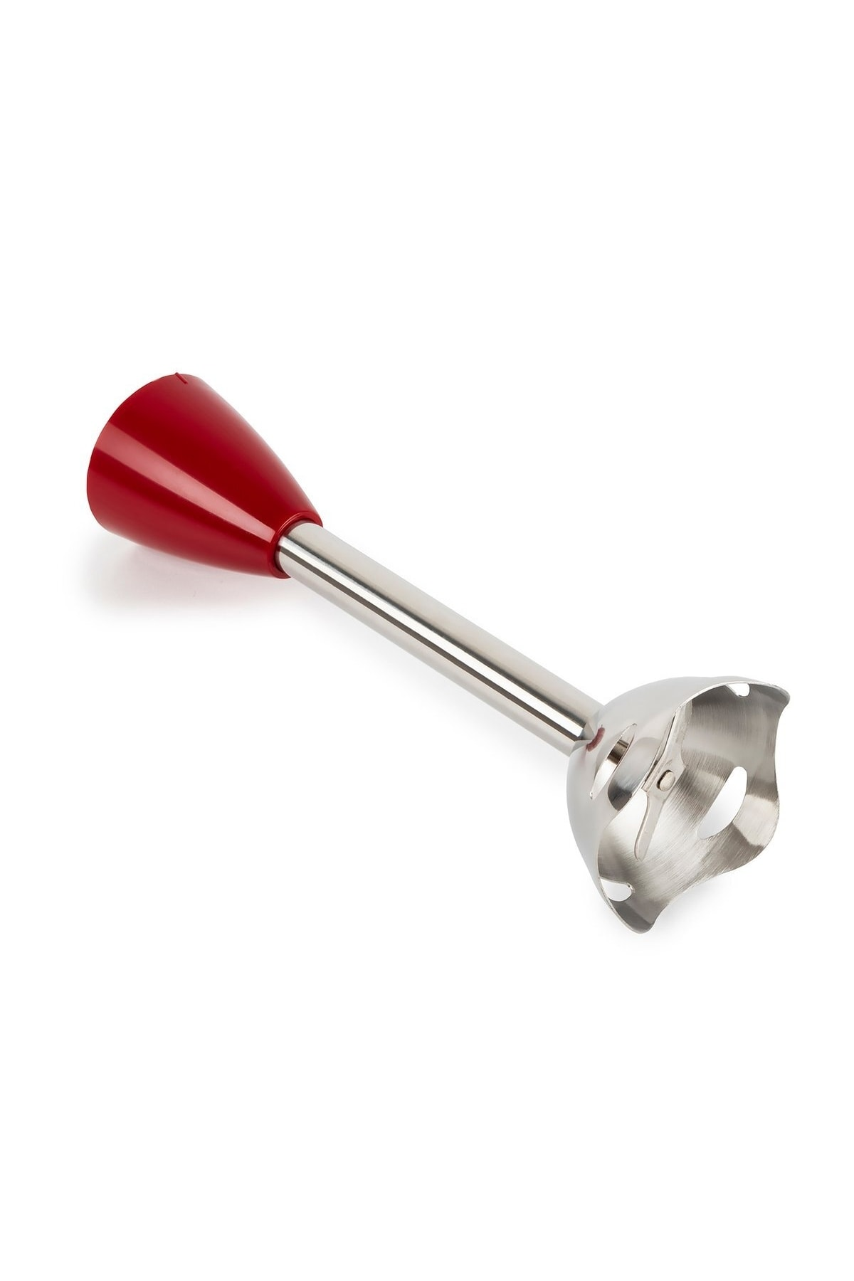 Metal bıçaklı kırmızı daldırma blender aparatı beyaz arka planda.