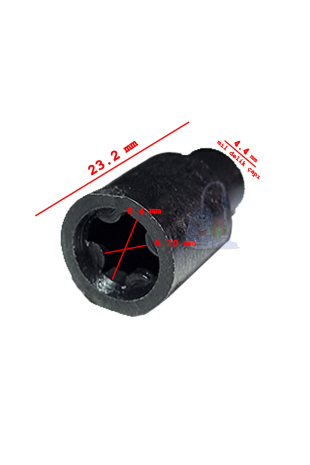 23,2 mm ve 4,4 mm boyutlarında siyah plastik parça.