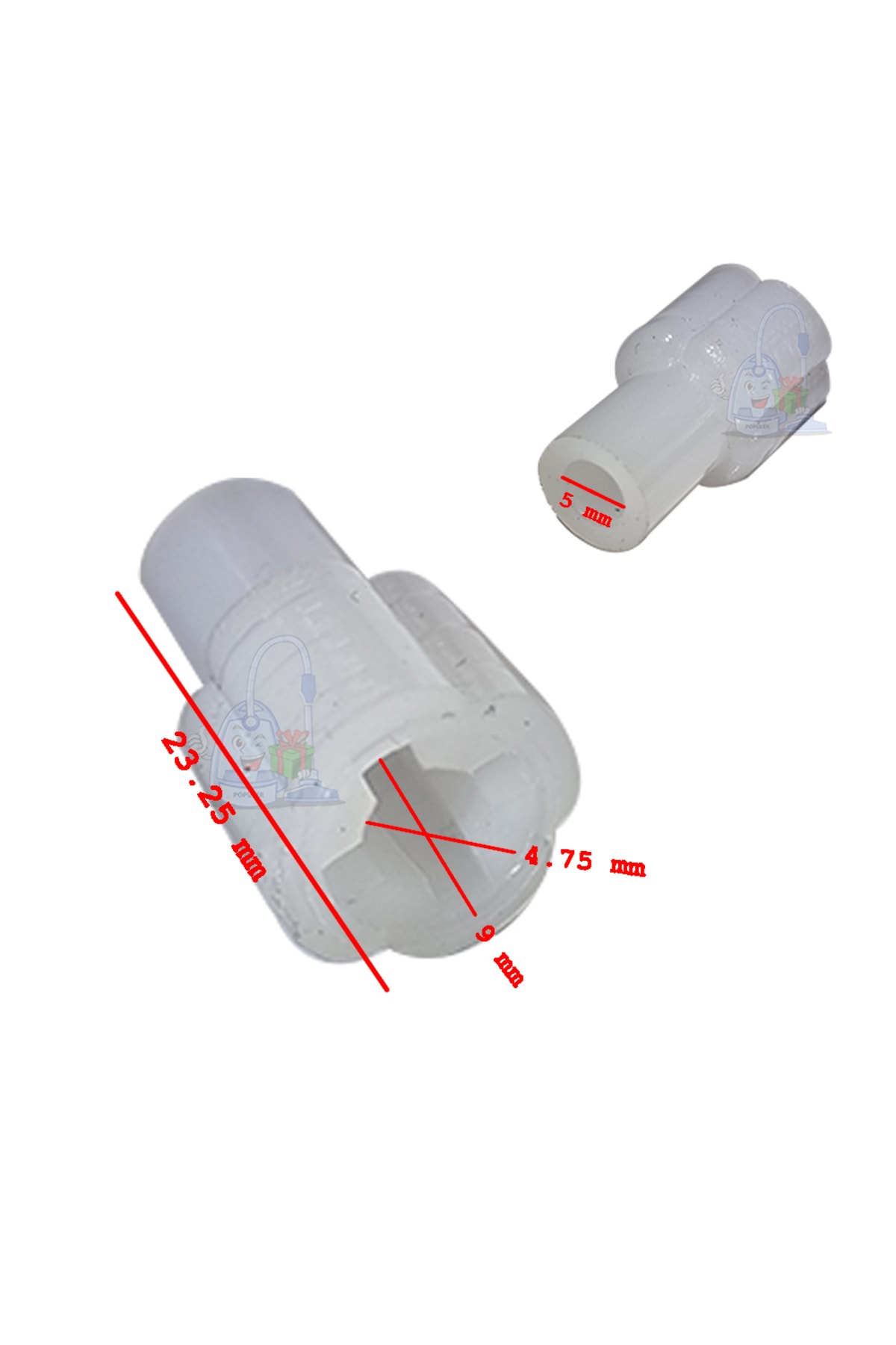 İki beyaz plastik parça, biri 23,25 x 4,75 x 9 mm boyutlarında.