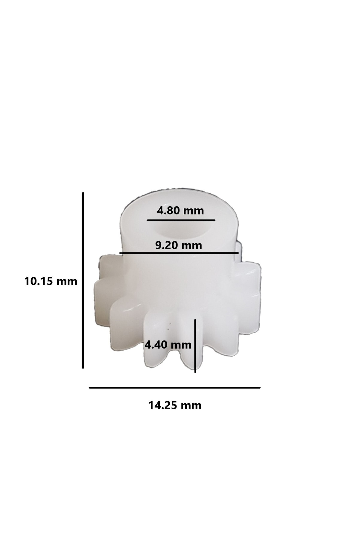 Boyutları olan beyaz dişli: 4,80 mm, 9,20 mm, 10,15 mm, 4,40 mm, 14,25 mm.