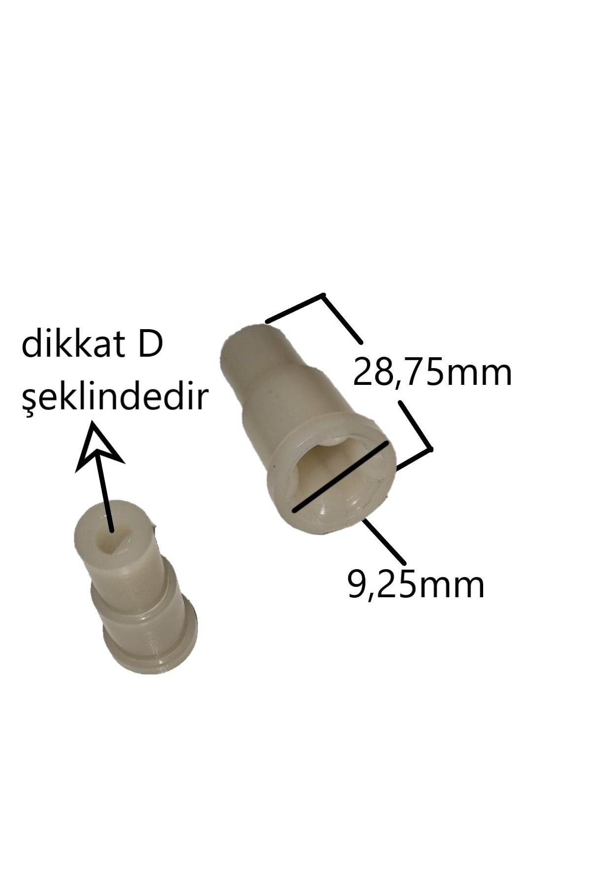 İki beyaz plastik parça, boyutlar 28,75mm ve 9,25mm.