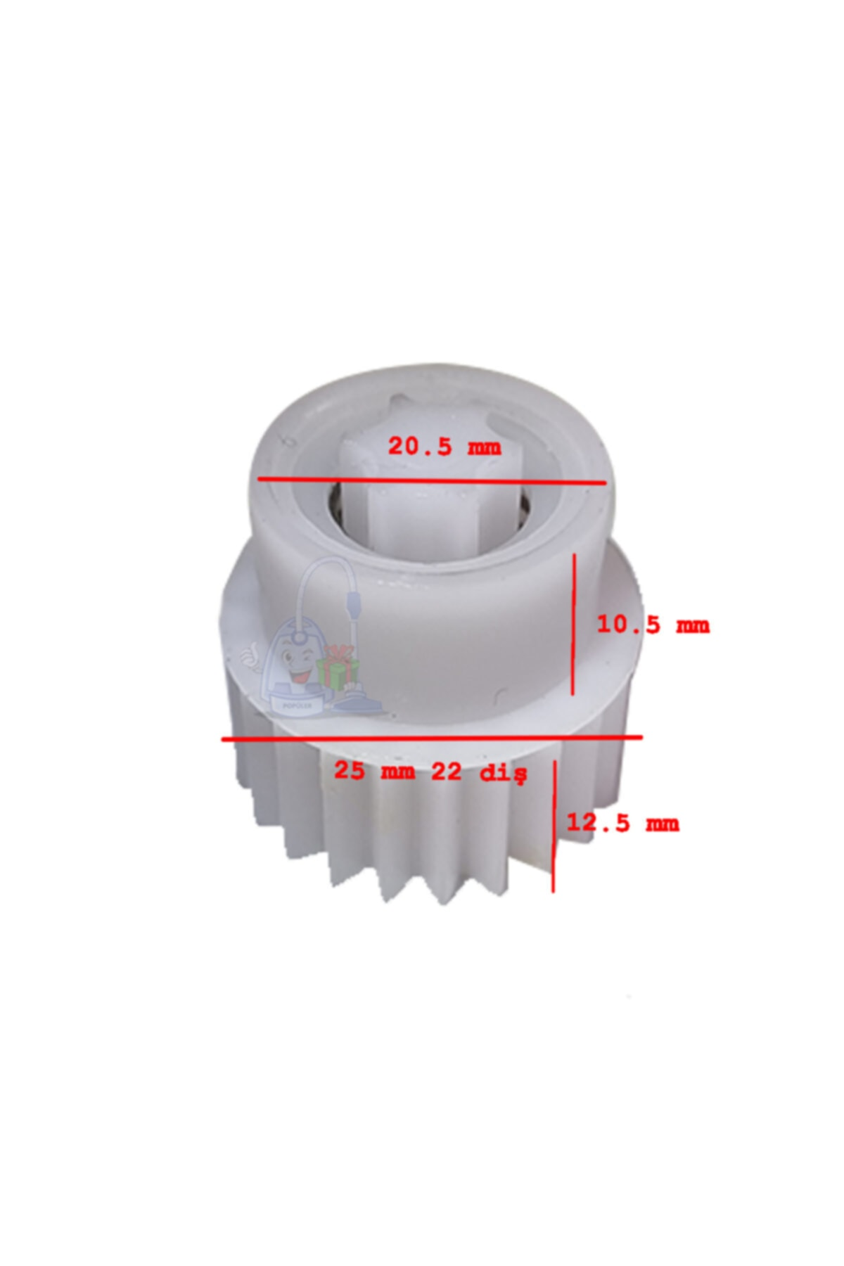 Boyutları 20,5 mm, 10,5 mm, 12,5 mm, 25 mm olan beyaz bir dişli.