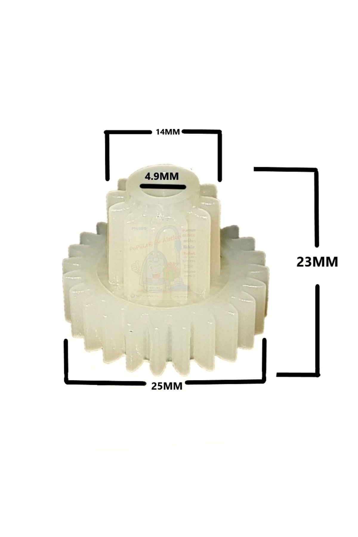 Boyutları belirtilmiş beyaz dişli: 14mm, 4.9mm, 23mm ve 25mm.