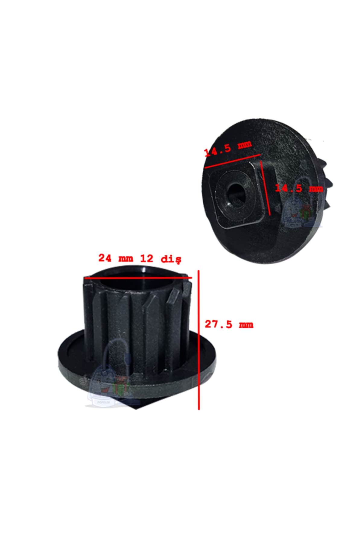 14,5 mm ve 27,5 mm boyutlarında siyah plastik parça.