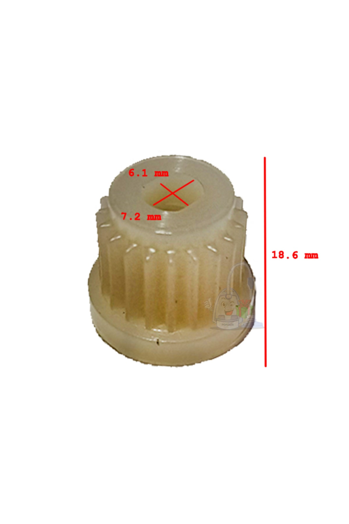 6,1 mm ve 7,2 mm boyutlarında küçük beyaz bir dişli.