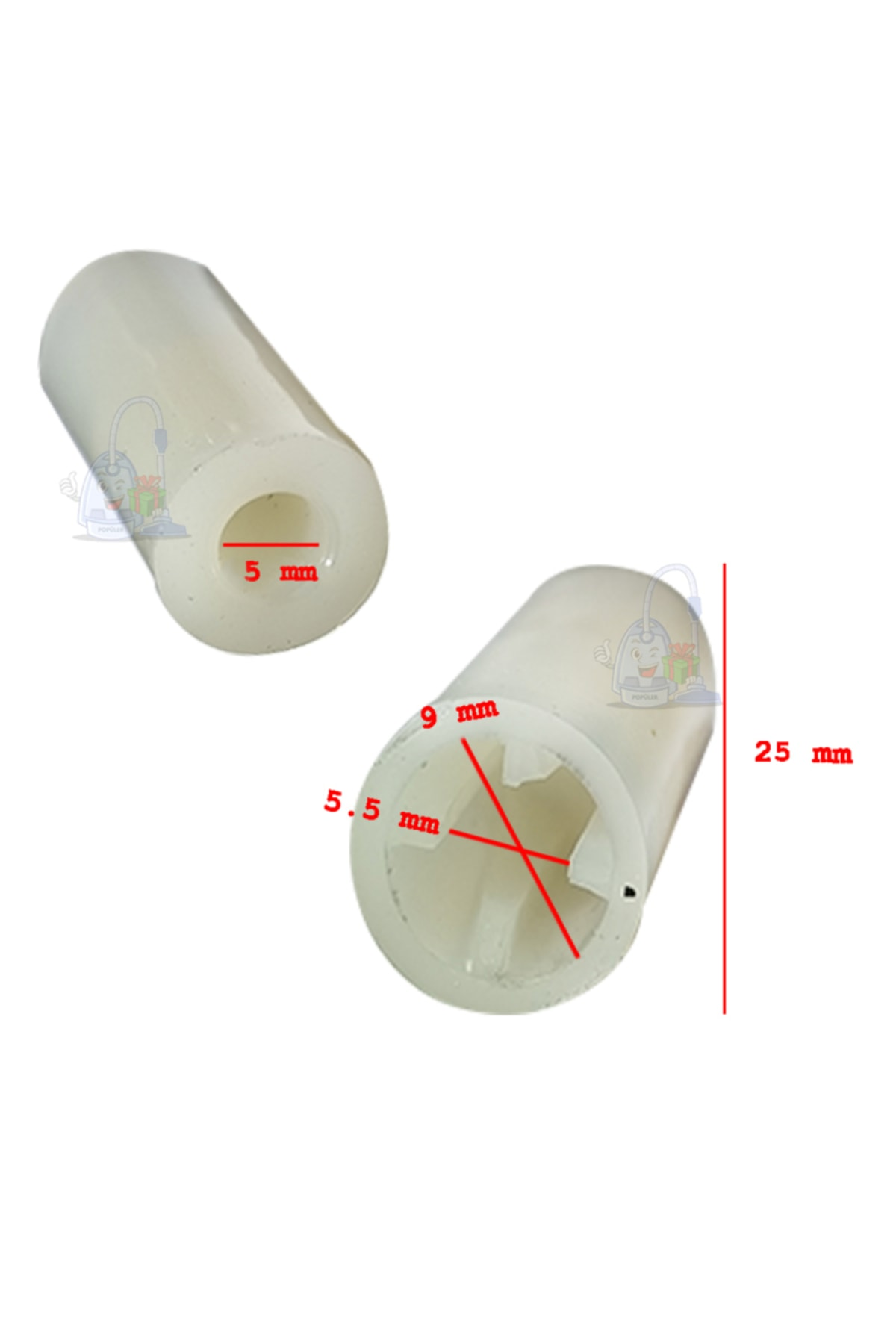 Boyutları olan iki beyaz plastik silindir. Biri 5 mm, diğeri 9 mm, 5,5 mm ve 25 mm gösteriyor.