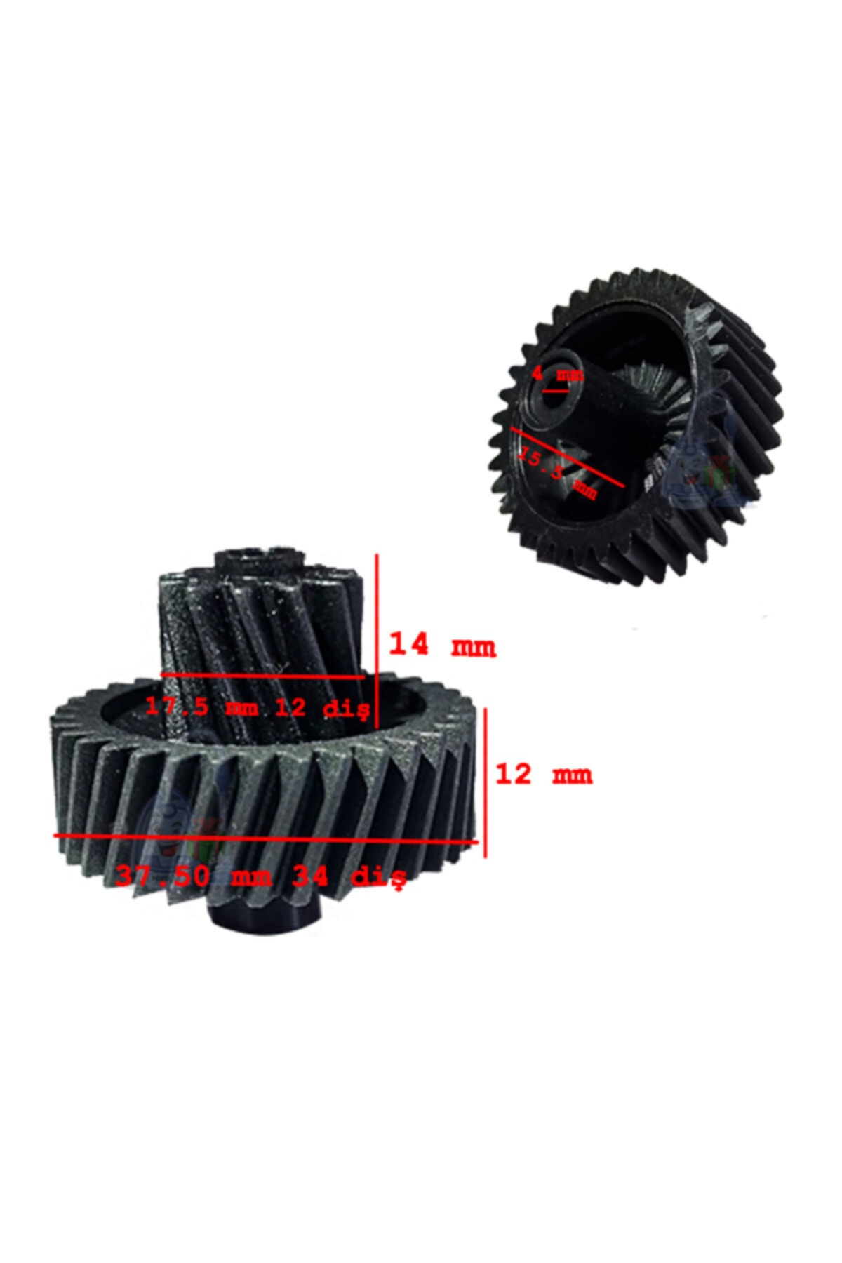 14 mm, 12 mm ve 37,50 mm ölçülerinde iki siyah dişli.