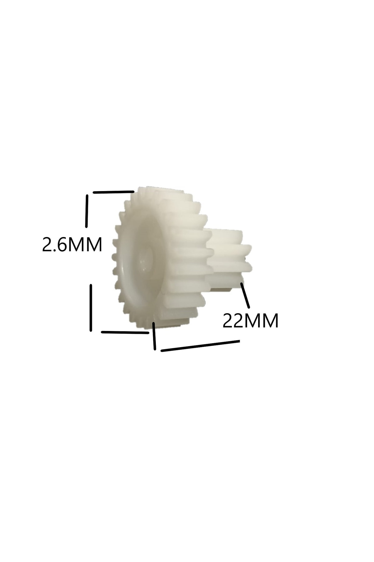 2,6 mm ve 22 mm ölçülerinde beyaz plastik dişli.