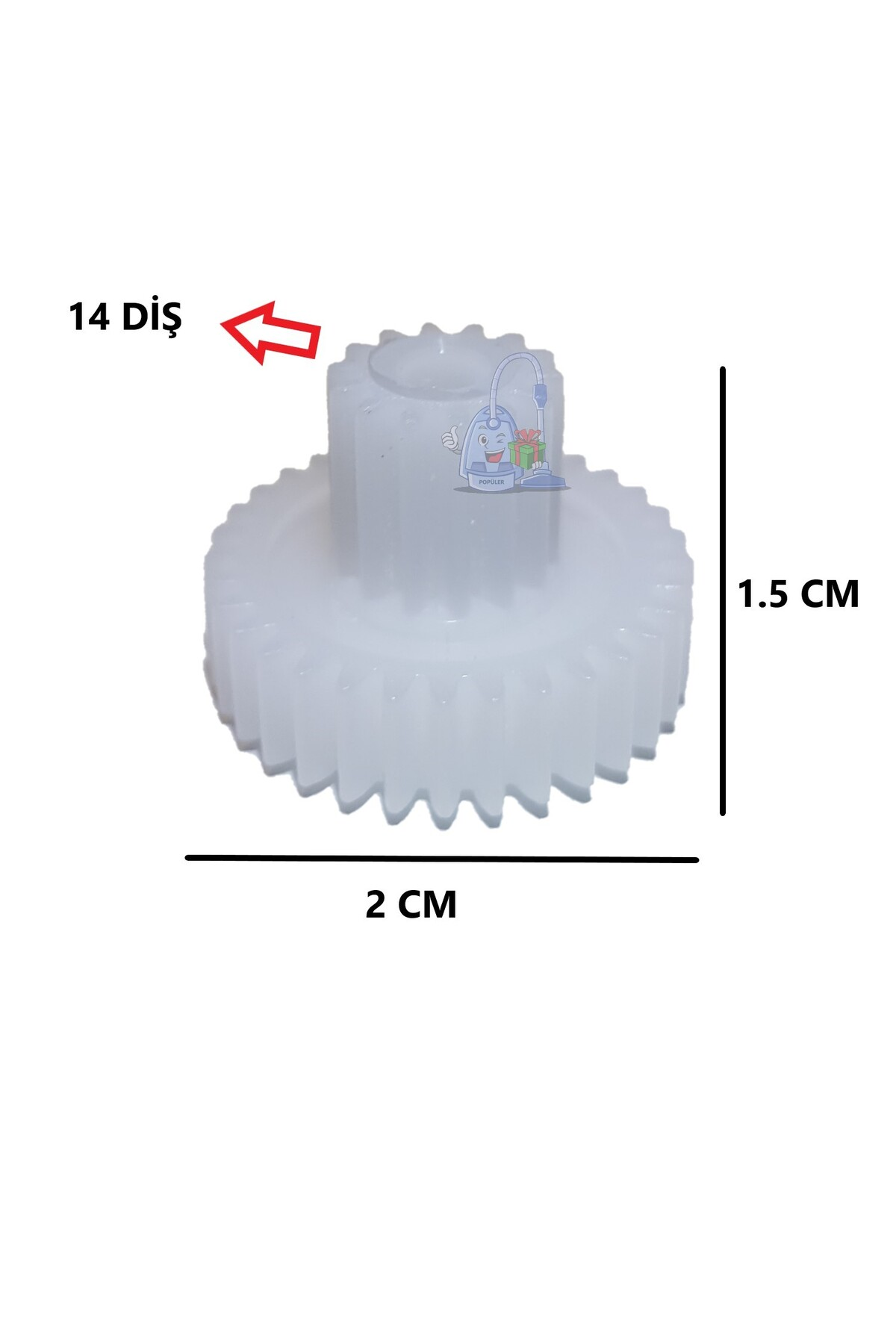 14 dişli, 2 cm genişlik, 1.5 cm yükseklik beyaz plastik dişli.