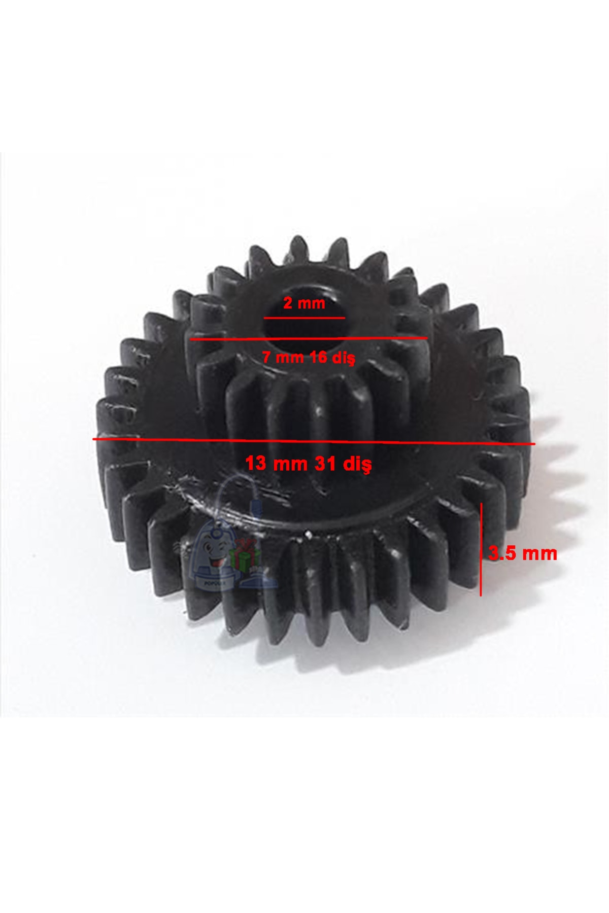 İki siyah dişli boyutu: 2mm, 7mm 16 diş, 13mm 31 diş, 3.5mm.