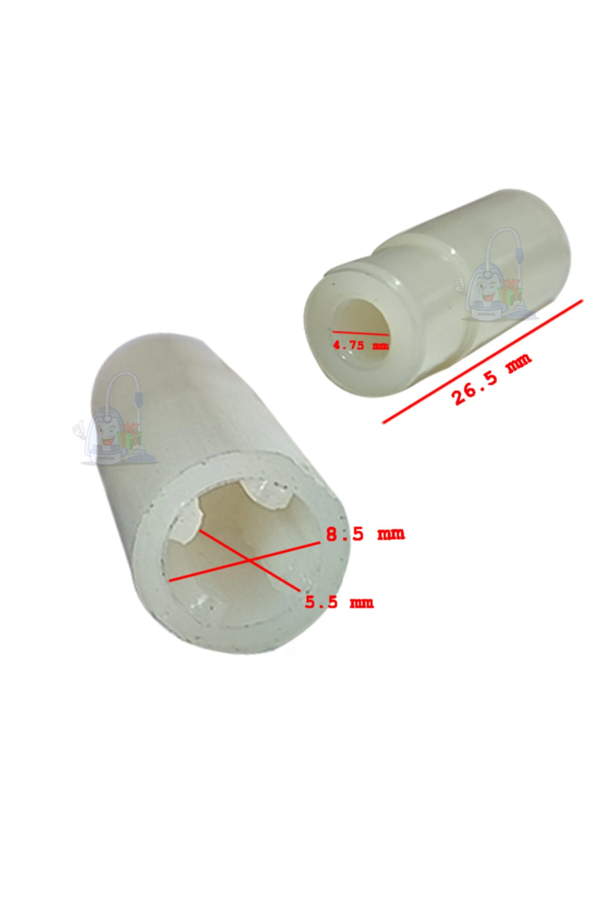 Boyutları olan iki beyaz plastik parça. Biri 4,75 mm, diğeri 5,5 mm ve 8,5 mm gösteriyor.