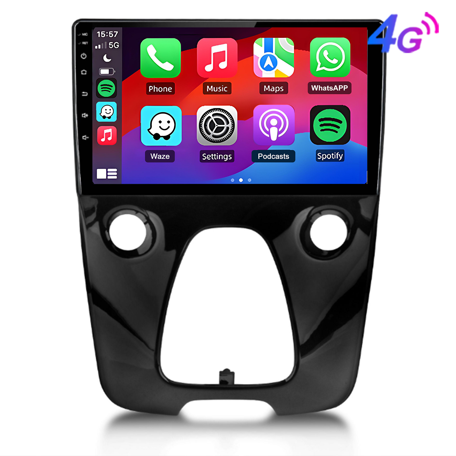 Ein Auto-Touchscreen zeigt App-Symbole für Telefon, Musik und Karten.