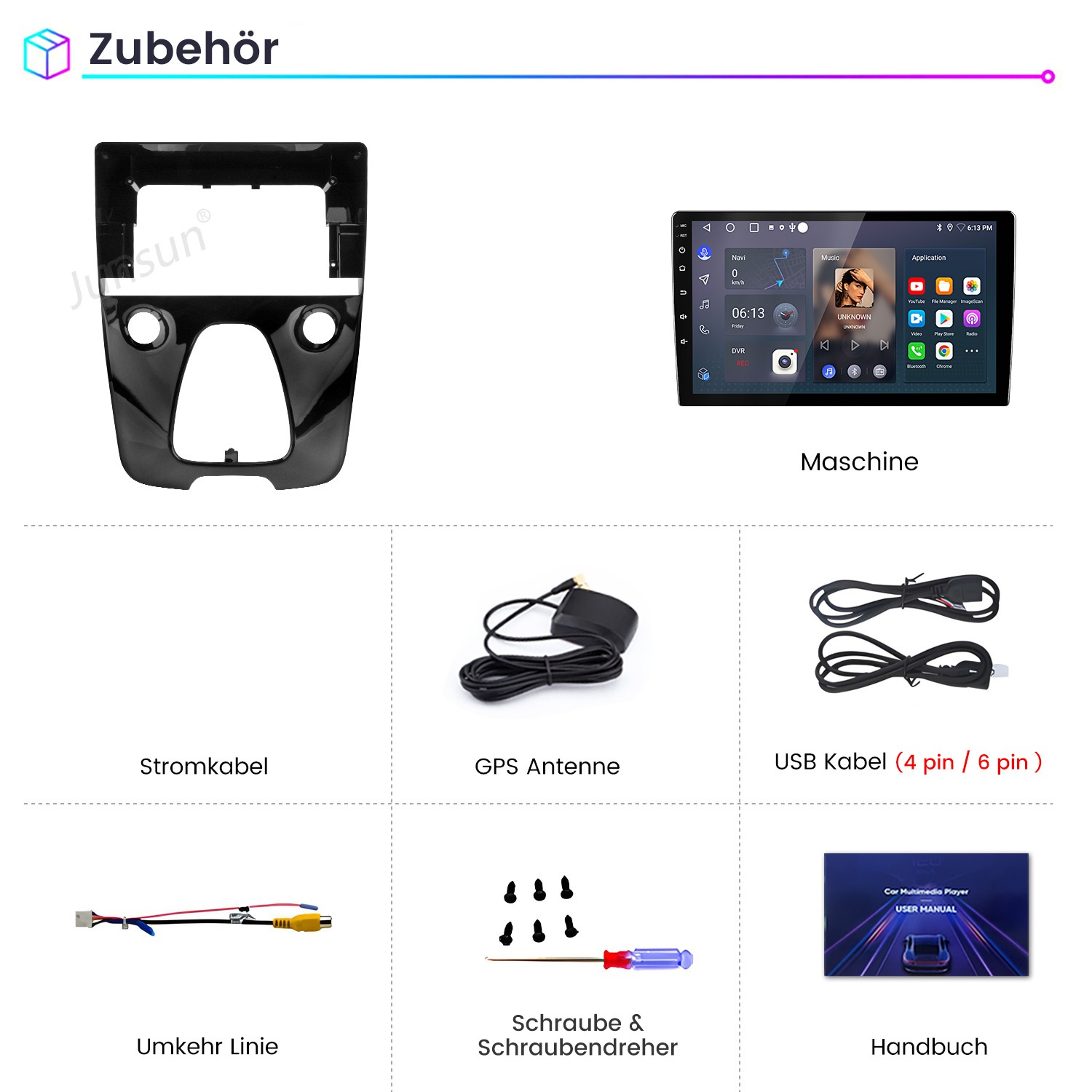 Kfz-Zubehör: Einbau-Kit, Autoradio-Display, Kabel, Antenne, Schrauben, Handbuch.