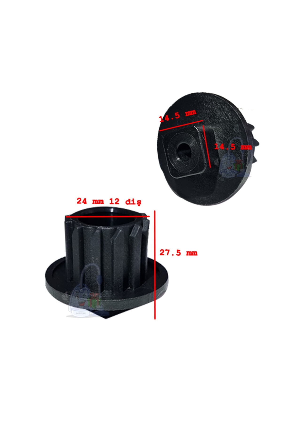 24x27,5mm ve 14,5mm ölçülerinde siyah plastik parça. Dişli benzeri yapı.
