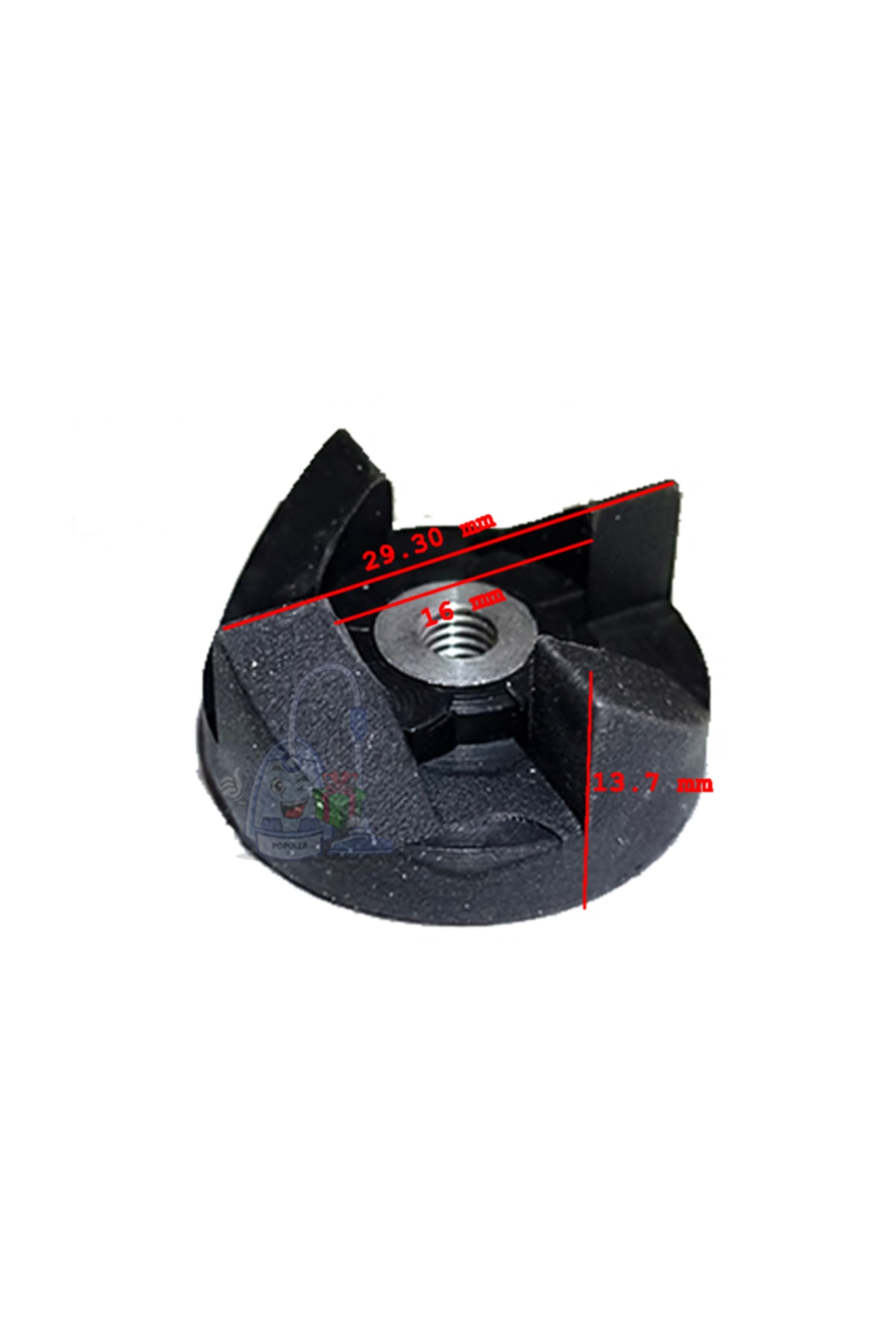 29,30 mm ve 13,7 mm boyutlarında siyah plastik parça.