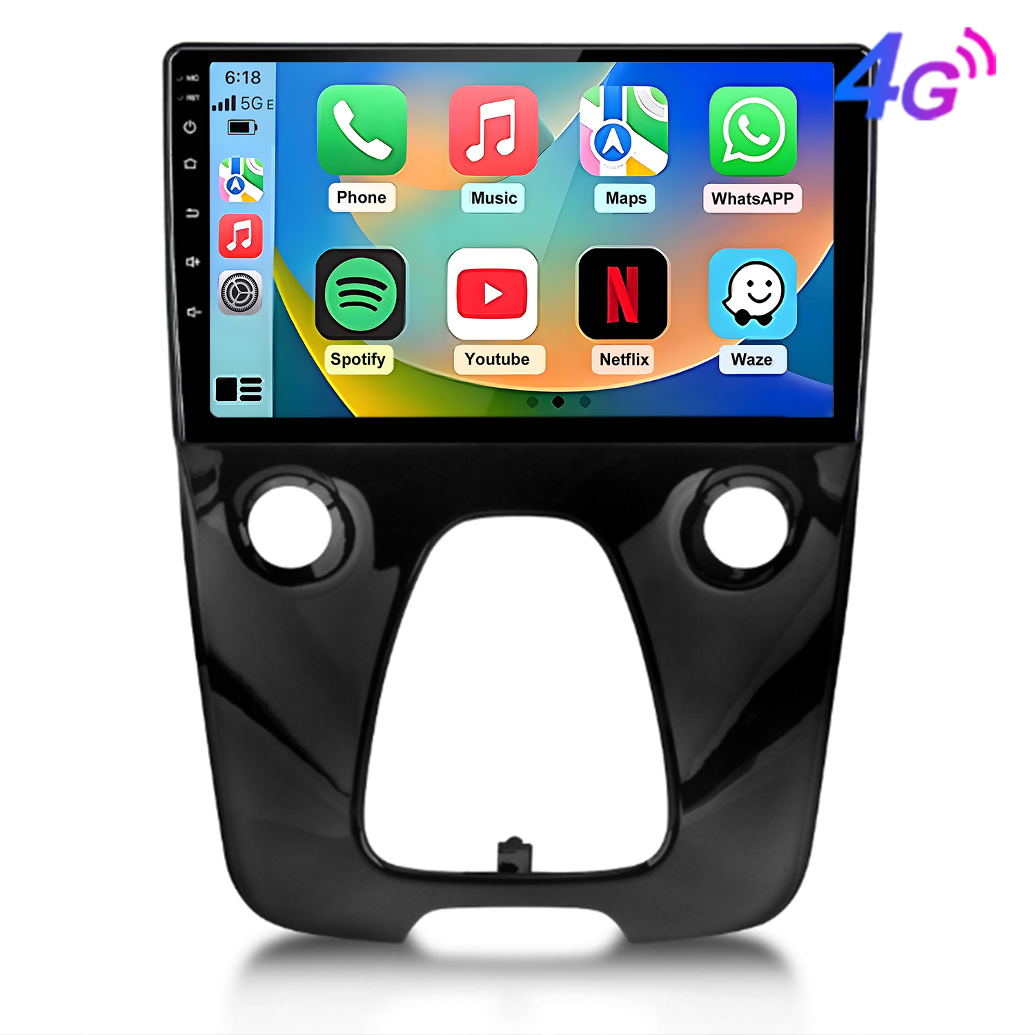 Ein schwarzer Armaturenbrettbildschirm zeigt App-Symbole wie Telefon, Musik, WhatsApp.