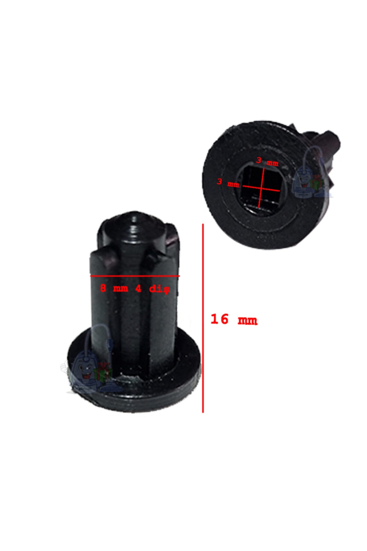 Siyah plastik parça, 16mm yükseklik, 8mm çap.