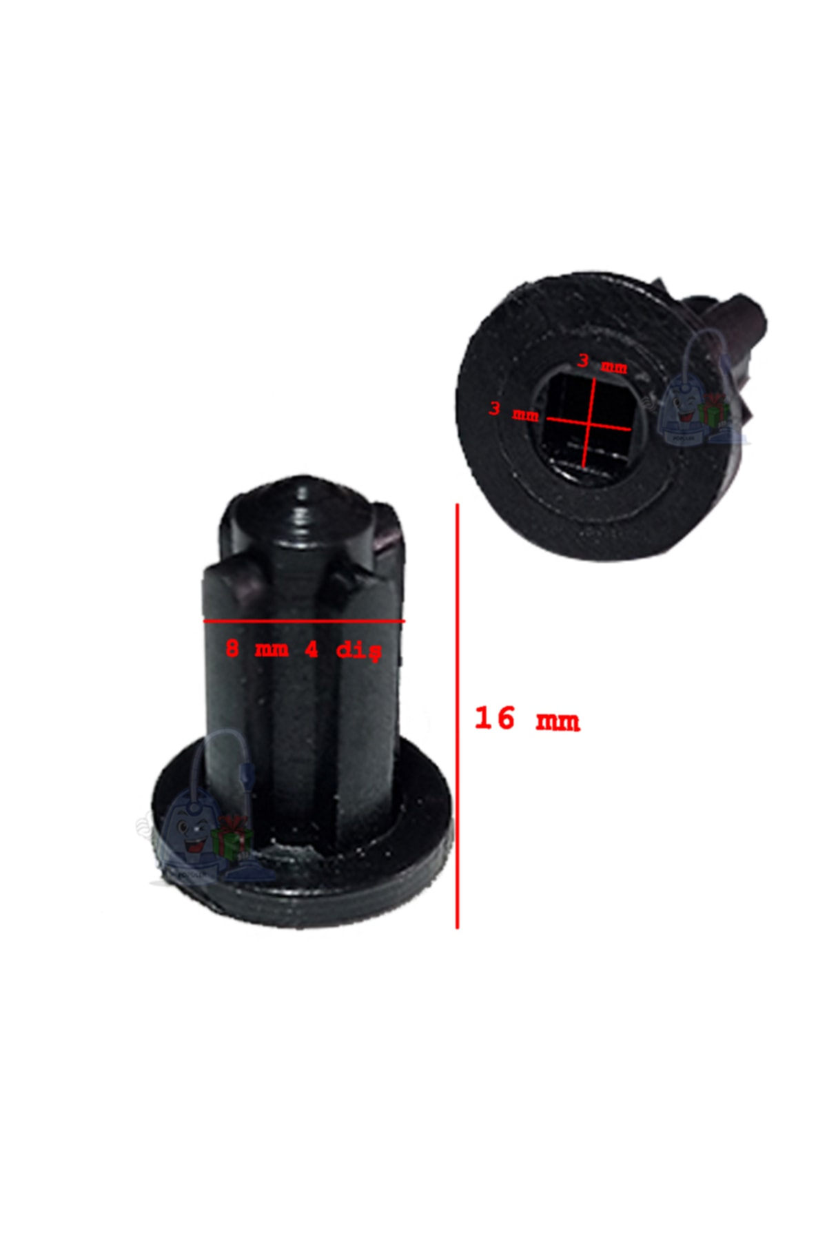 8mm x 4mm ve 16mm boyutlarında siyah plastik tapa.