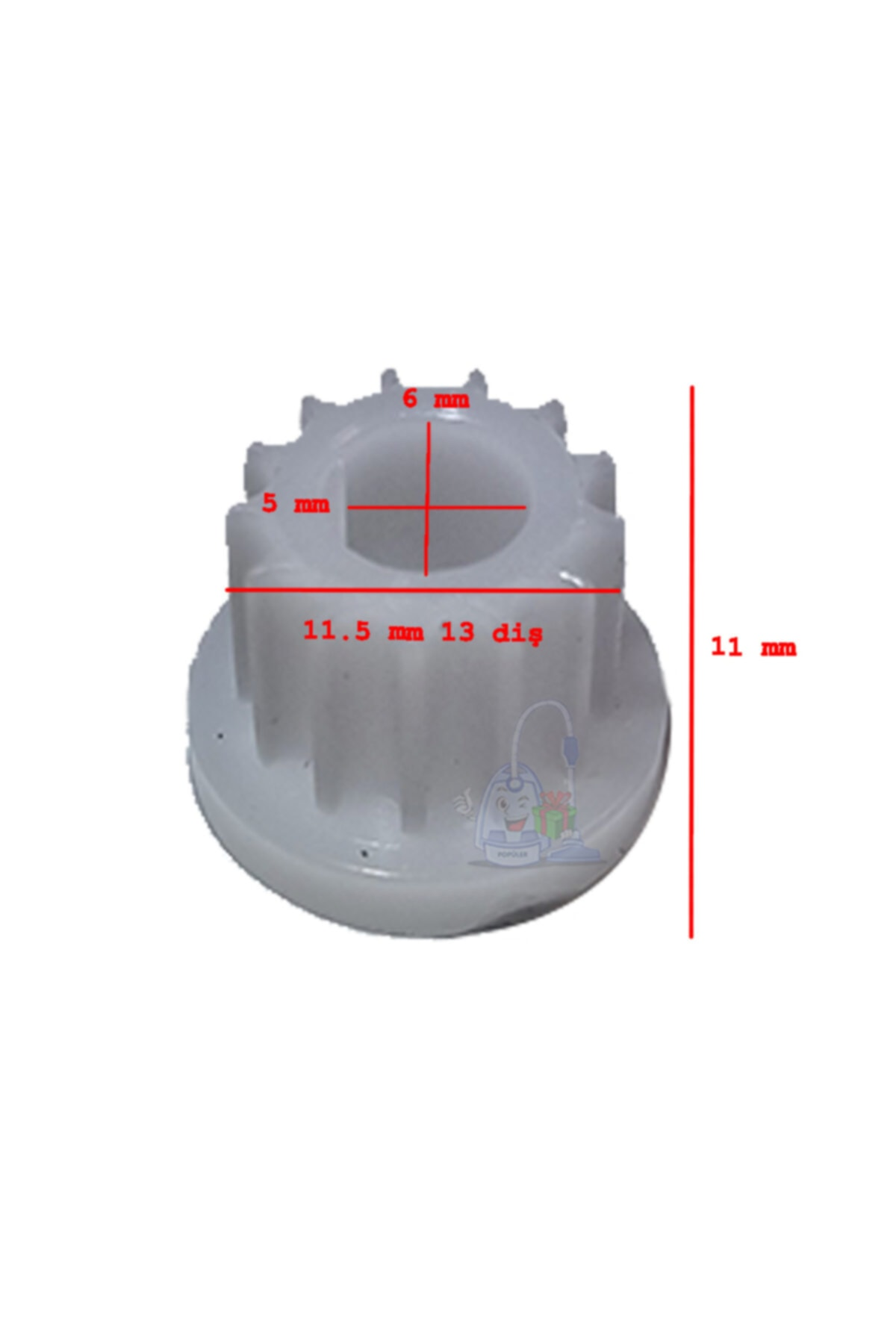 5 mm, 6 mm, 11,5 mm ve 11 mm ölçülerinde beyaz bir dişli.