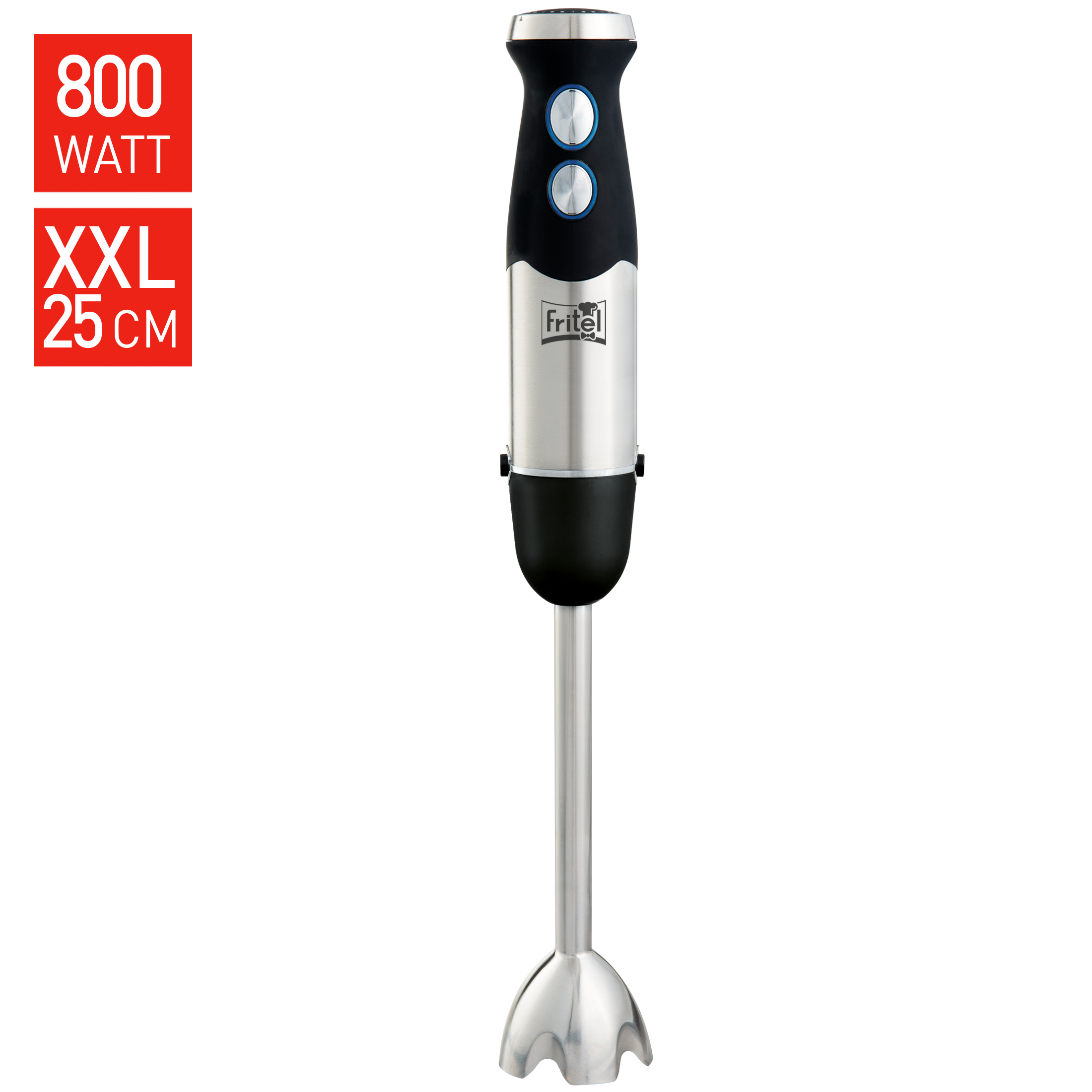 Een RVS staafmixer met zwart handvat en twee blauwe knoppen.