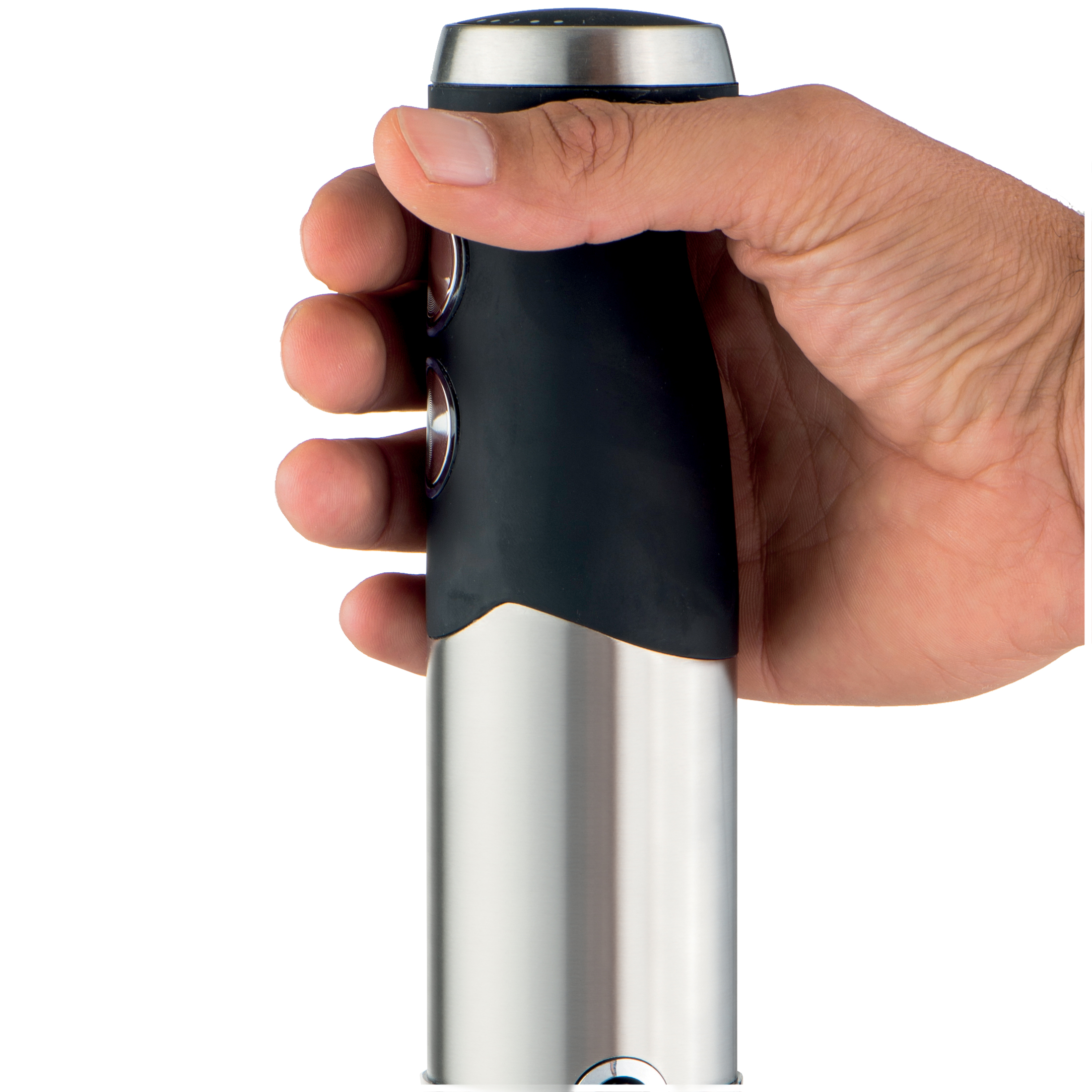 Een hand houdt een slank, metalen apparaat met zwarte grip vast.