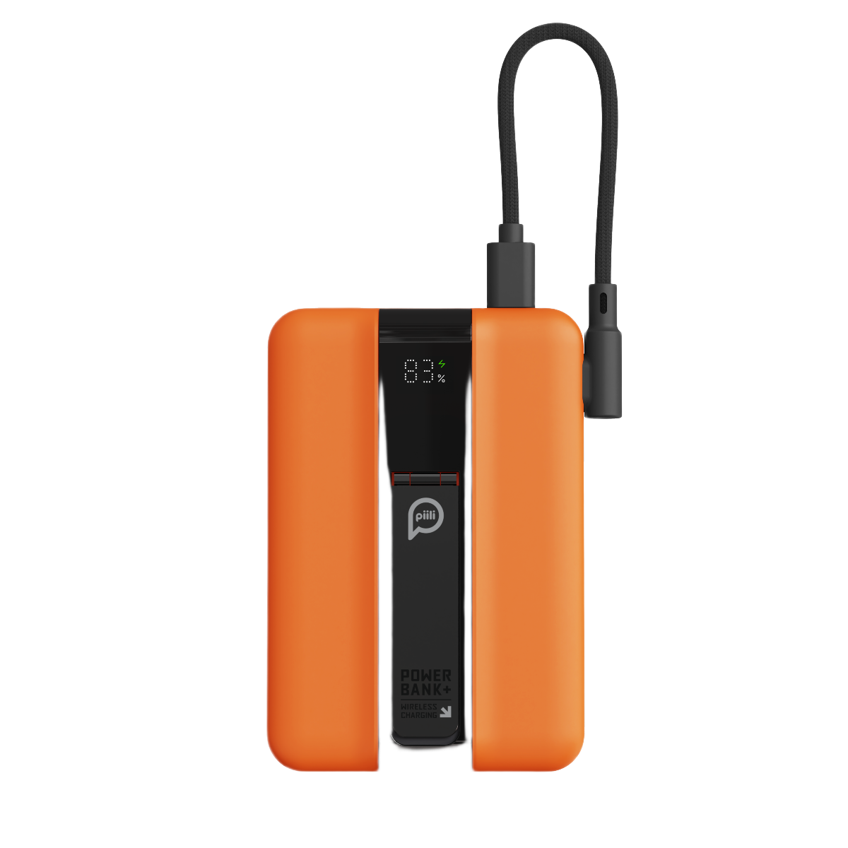 Siyah kablolu turuncu powerbank, %99 şarj göstergeli.