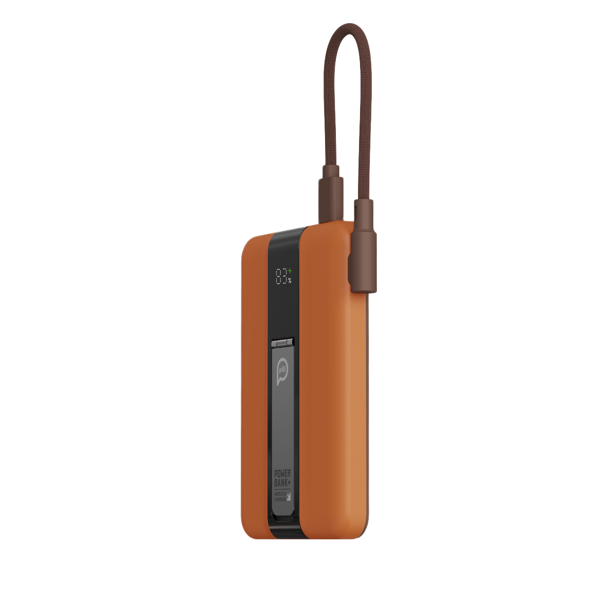 Dijital ekranlı, kahverengi kablolu, siyah detaylı turuncu powerbank.