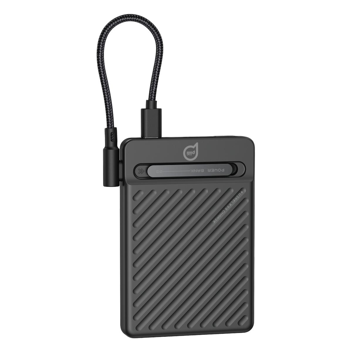 Kanallı yüzeye ve USB-C kablosuna sahip siyah powerbank.