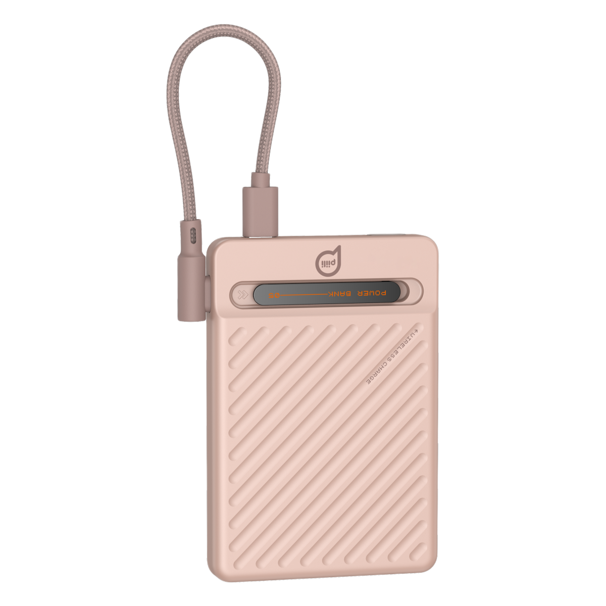 Şarj kablosuna bağlı, nervürlü desenli pembe bir powerbank.