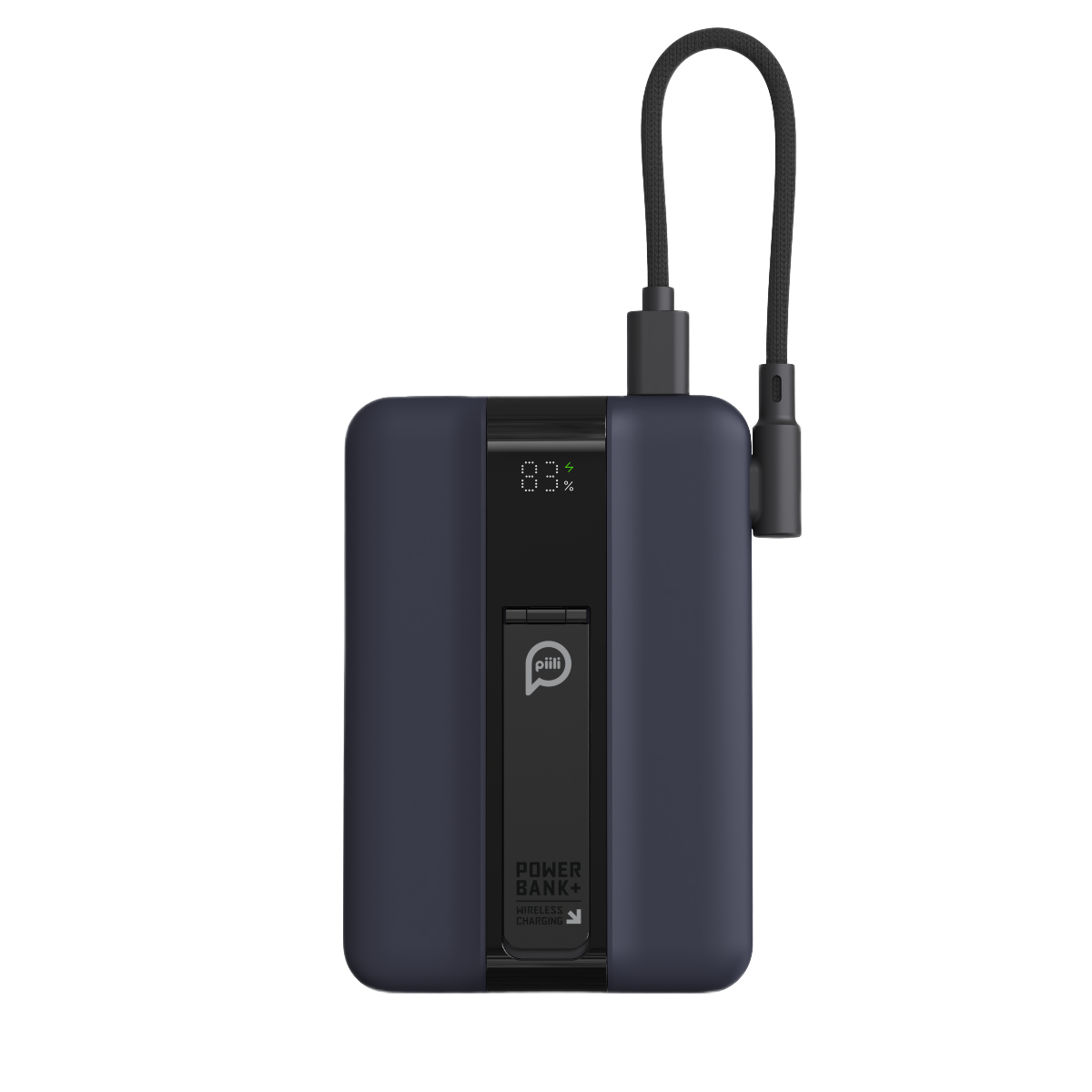 USB kablosu bağlı, %83 şarjlı lacivert powerbank.